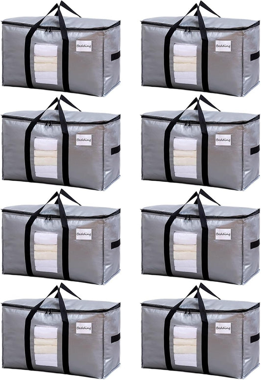TAILI Extra Large Moving Bags, 8 Pack Silver Heavy Duty Totes for Storage with Visible Window, Wrap Around Handles, Storage Bags for Space Saving, Alternative to Moving Boxes