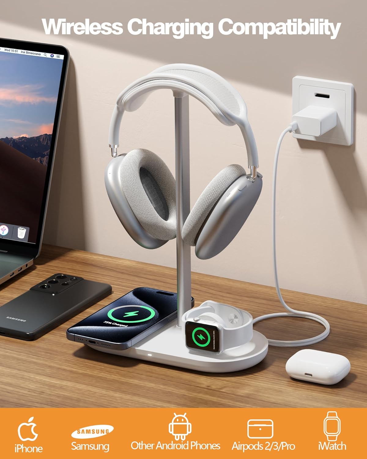 Universal Headphone Stand, Magnetic Wireless Charger for iPhones/AirPods/iWatch, Aluminum Alloy Rod, Leather Pad, ABS Solid Base, White