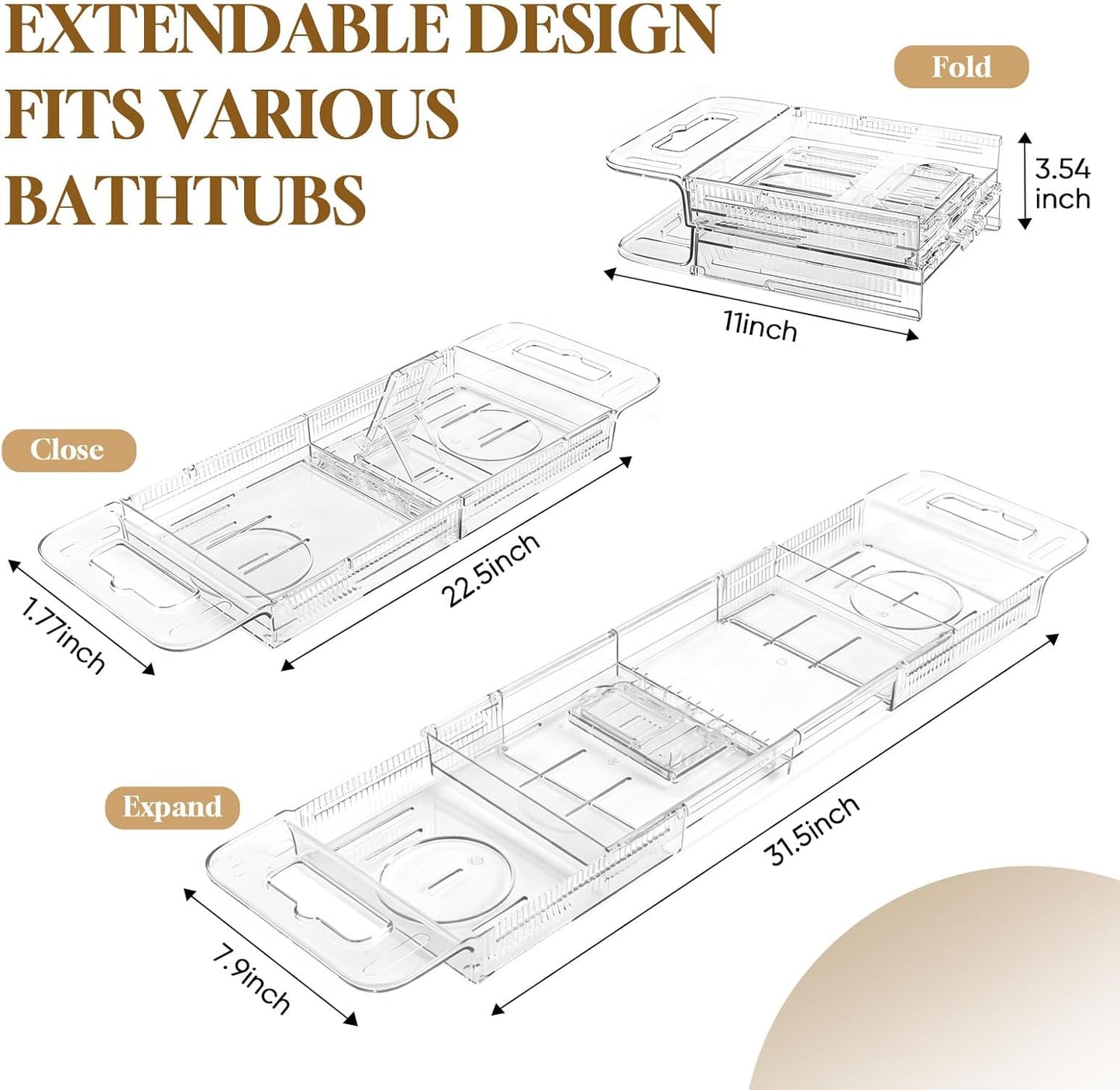 Expandable Clear Acrylic Bathtub Tray Caddy, Foldable Tub Bath Tray with Drain Slots, Slip-Resistant Waterproof Bathroom Organizer & Home Spa Gift for Women