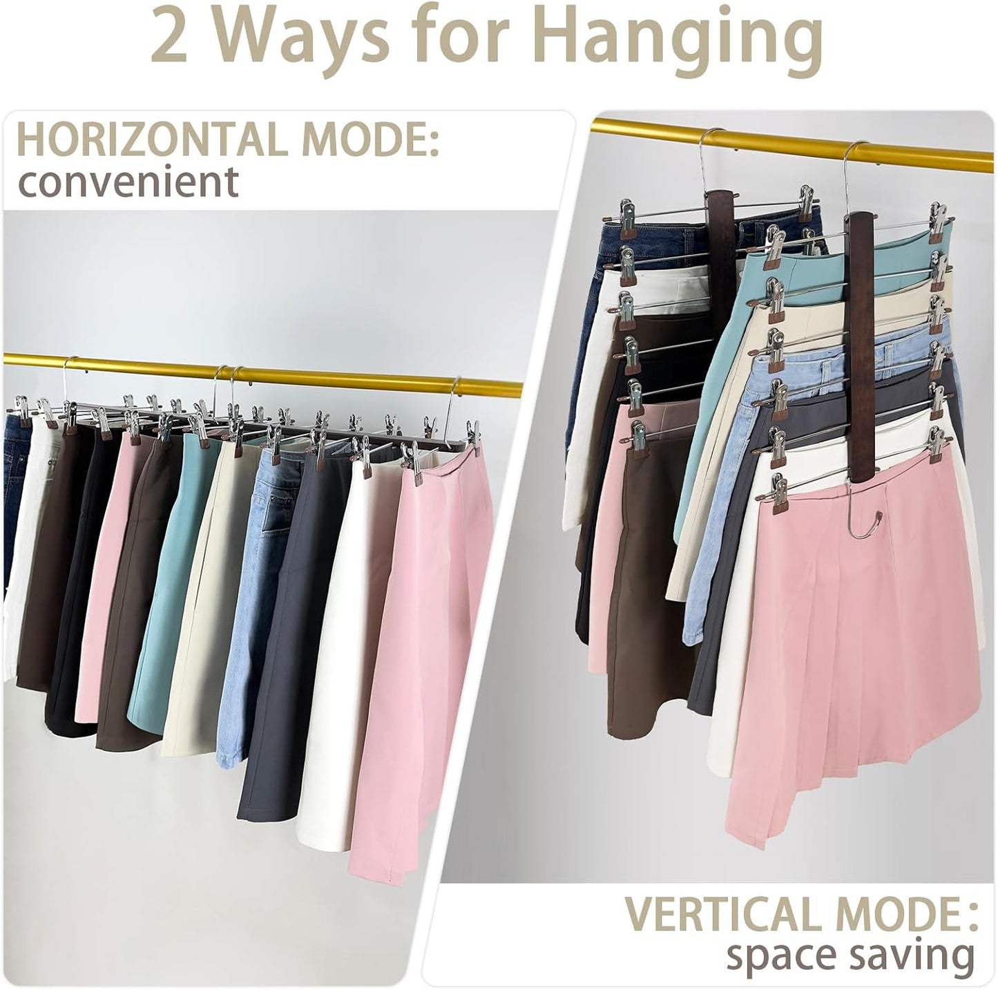 Skirt Hangers Space Saving,6 Tier Closet Organizers & Storage,Wooden Magic Hanger & Hanger with Clips,Pants-Hangers-Space-Saving for Hanging Pants Skirts Shorts Scarf Jeans（2 Piece）