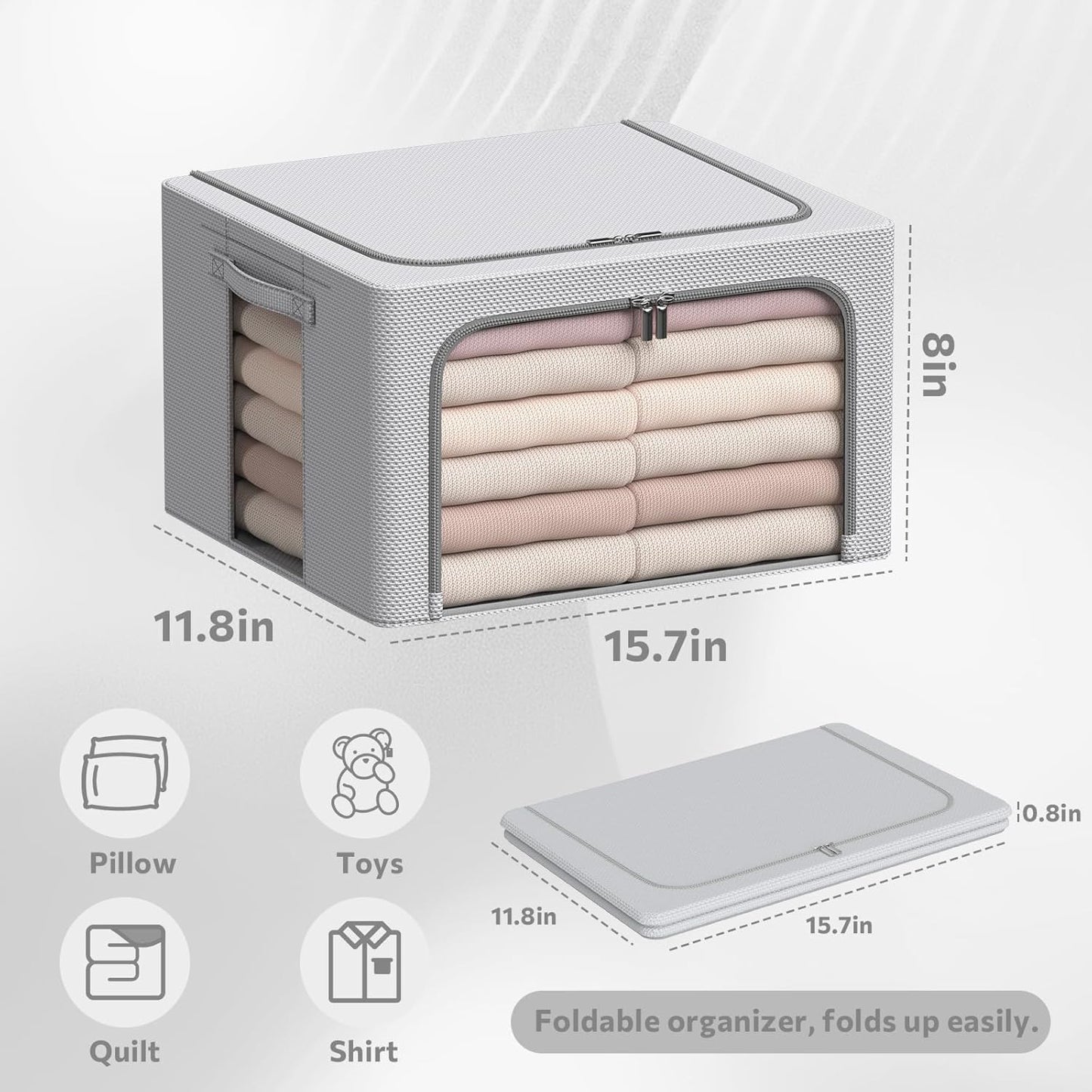 CYhom 3Pack Frame Storage Box - Clothes Storage Bin Bags Oxford Fabric Foldable Stackable Container Organizer Set with Clear Window & Carry Handles Large Capacity (Grey, Small-22L)
