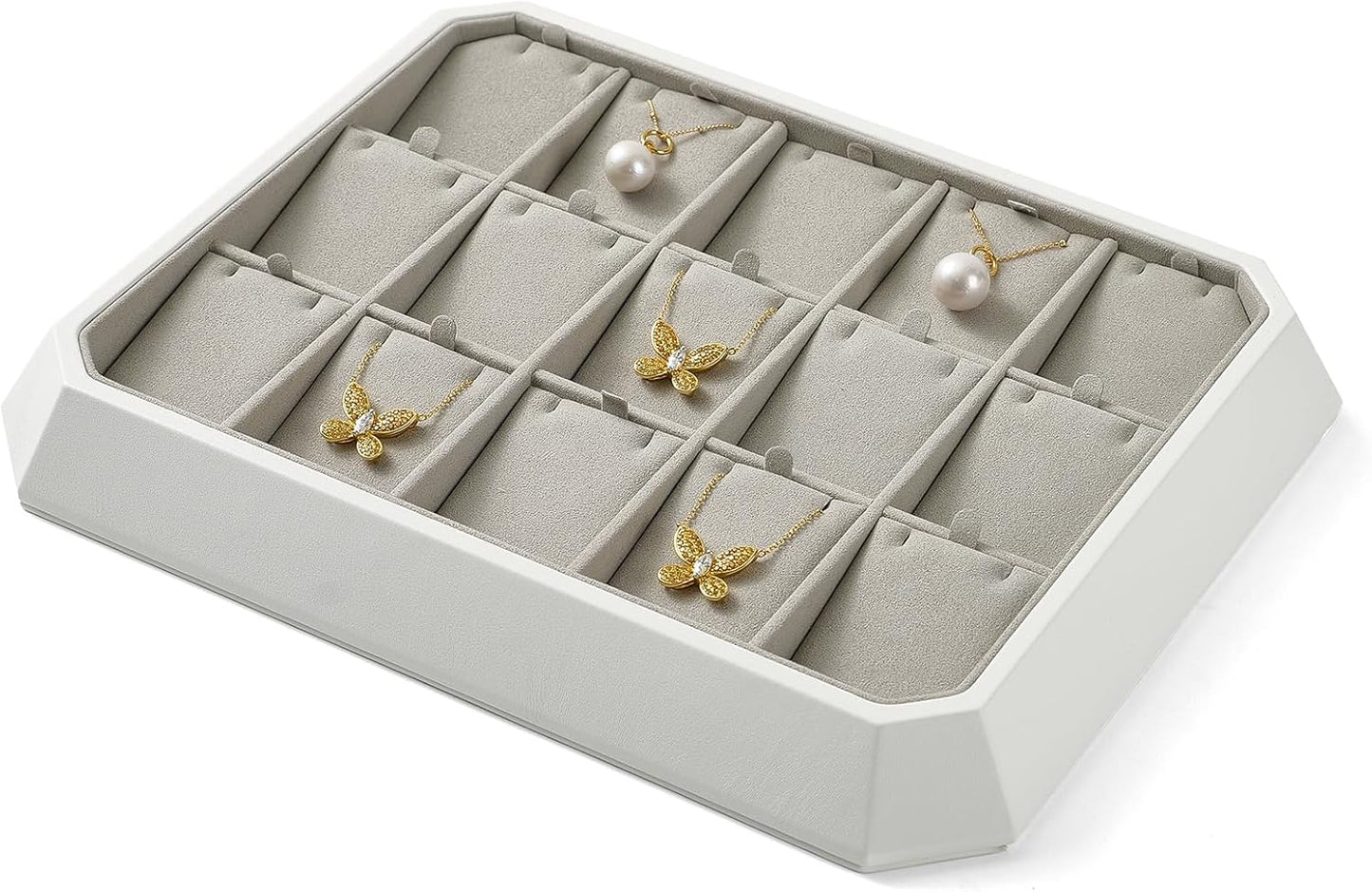 Premium PU Leather Stackable Jewelry Tray 15 Grid Jewelry Organizer Tray with Removable Inserts Cards Necklace Display Organizer Holder(Grey)