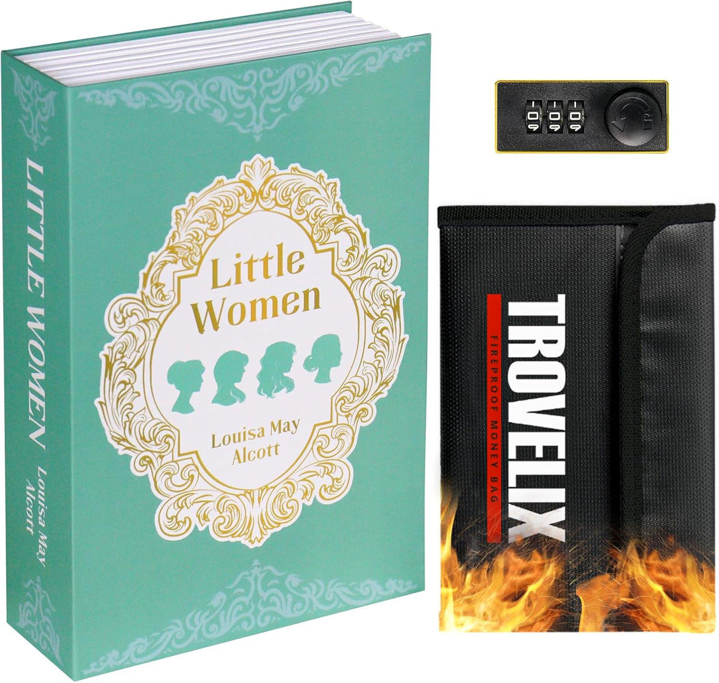 Book Safe with Combination Lock, Hidden Safe (10.55 x 7.95 x 2.62 Inch) with Fireproof Bag, Secret Diversion Safe, Hollow Book Box Hidden Storage, Money Safe Box for Cash (Little Women)