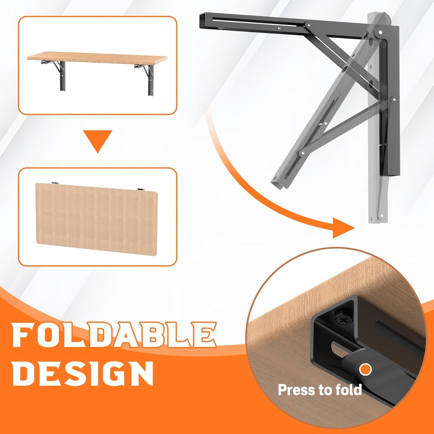TORACK 16 inch Folding Wall Shelf Brackets, Space-Saving Collapsible Shelf Brackets for Garage, Kitchen, Laundry, Wall-Mounted Support Hinges for Workbench/Table