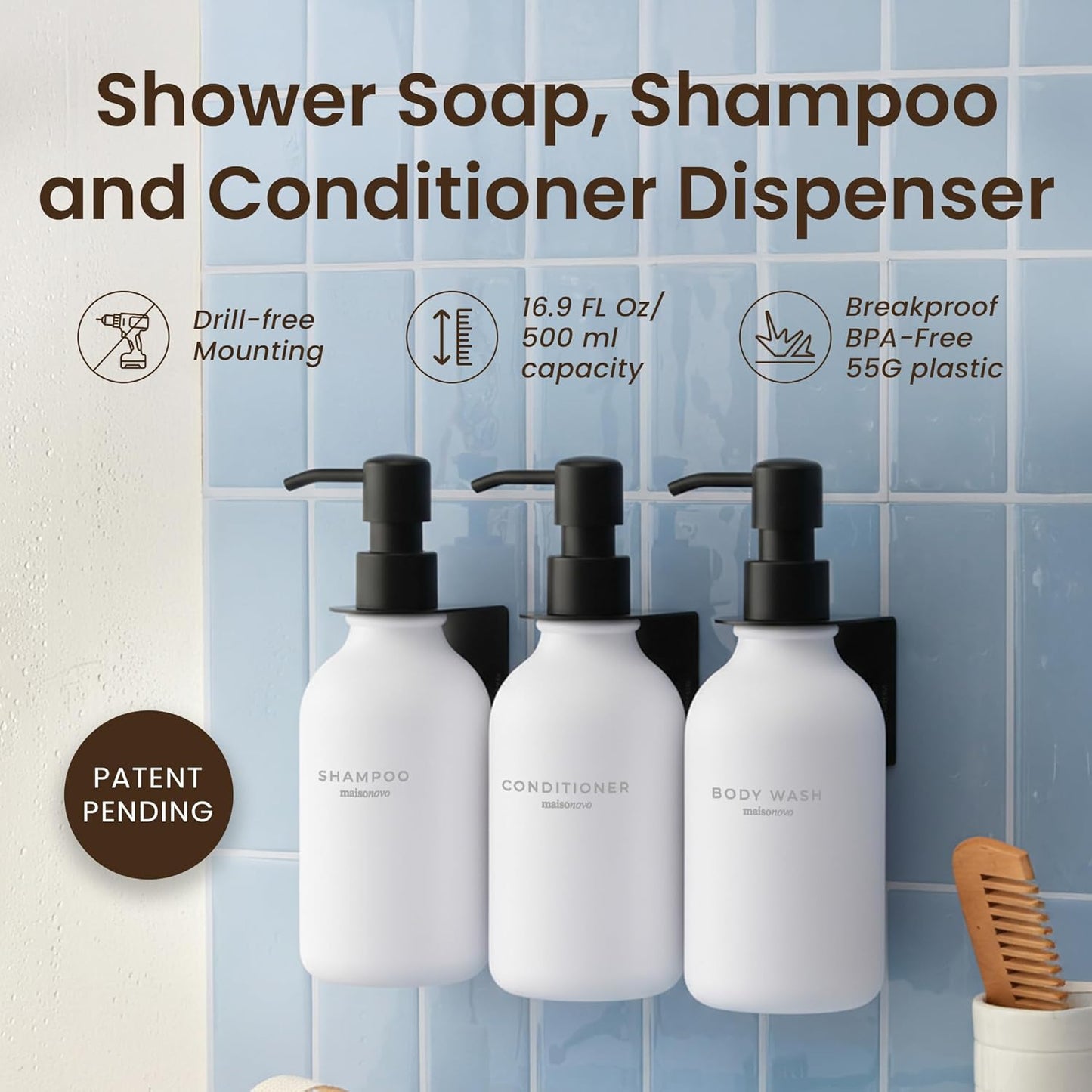MaisoNovo Shampoo and Conditioner Dispenser - Shower Soap Dispenser Wall Mounted - 16.9 fl oz Set of 3 White Plastic Bottles Black Pump - 3 Chamber No Drill