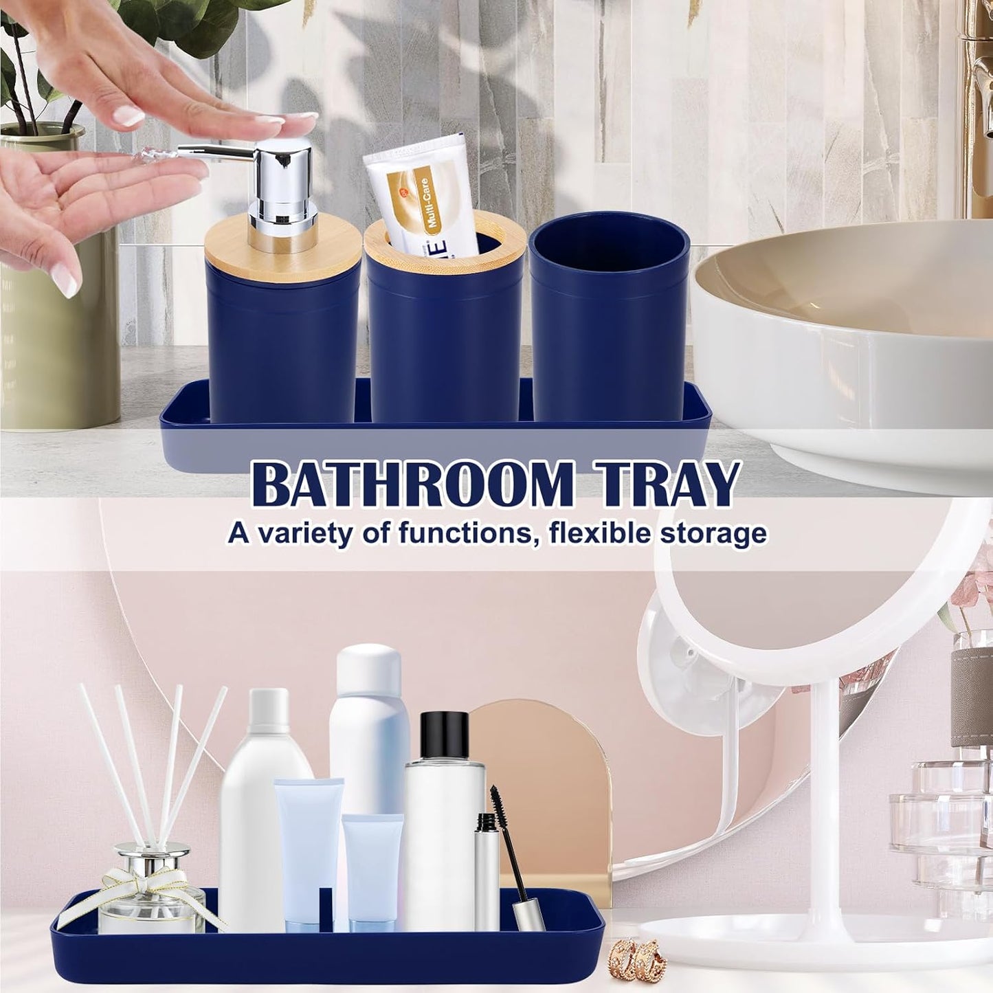 iMucci Bathroom Accessories Set Navy Blue Bathroom Decor Sets with Trash Can,Toilet Brush,Toothbrush Holder, Lotion Soap Dispenser, Soap Dish,Toothbrush Cup,Vanity Tray,Qtip Holder