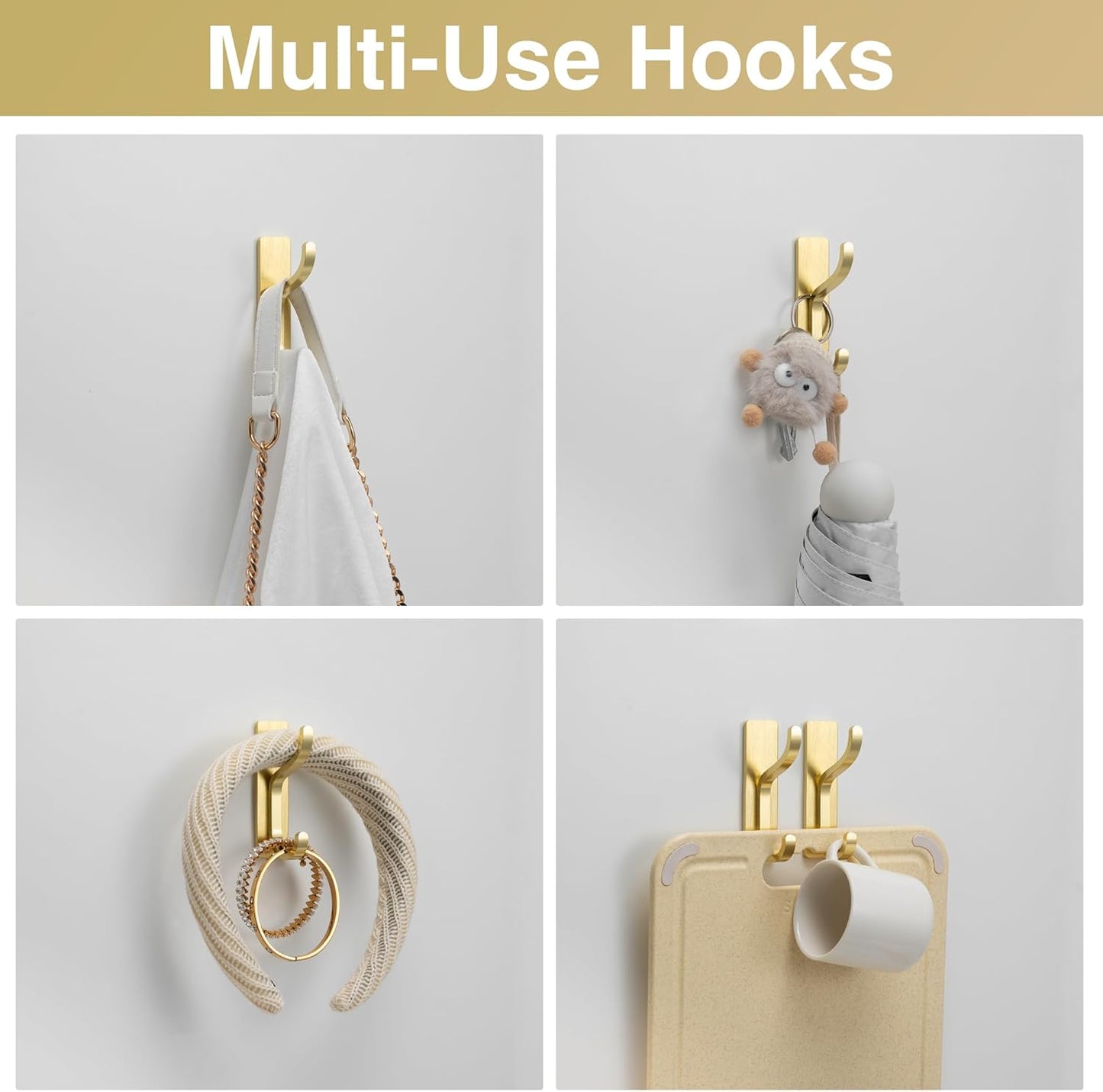 10-Pack Wall Hooks for Hanging Towels - Stainless Steel Adhesive Hook, 13LB Strong Hold, Sticky Hangers for Coats, Bags, Purses, Backpack - Bathroom, Kitchen, Door, Shower, Dorm, RV, Brushed Gold