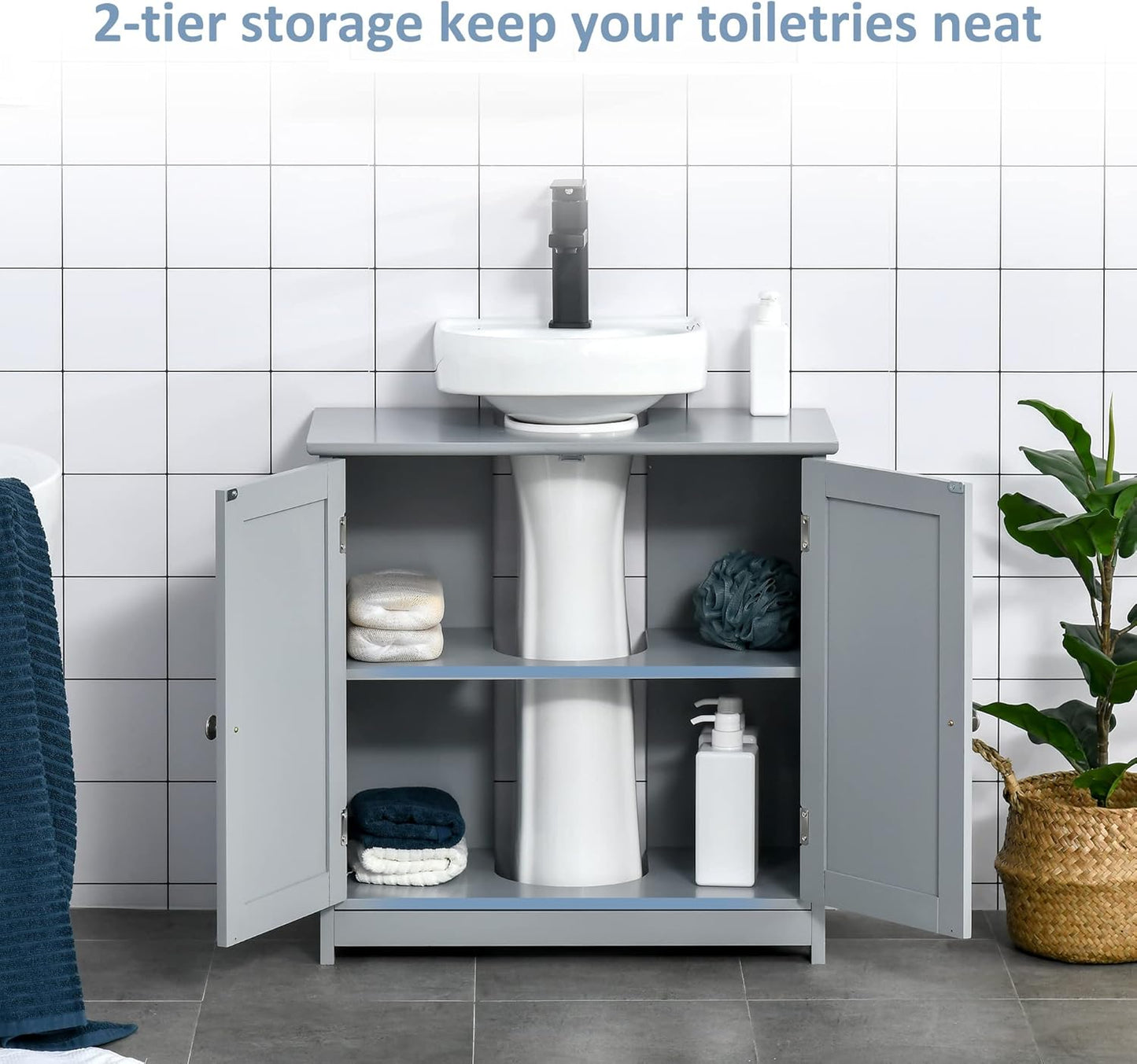 kleankin 23.5" Pedestal Sink Storage Cabinet, Freestanding Bathroom Under Sink Cabinet with U-Shape Cut-Out and Adjustable Shelf, Gray