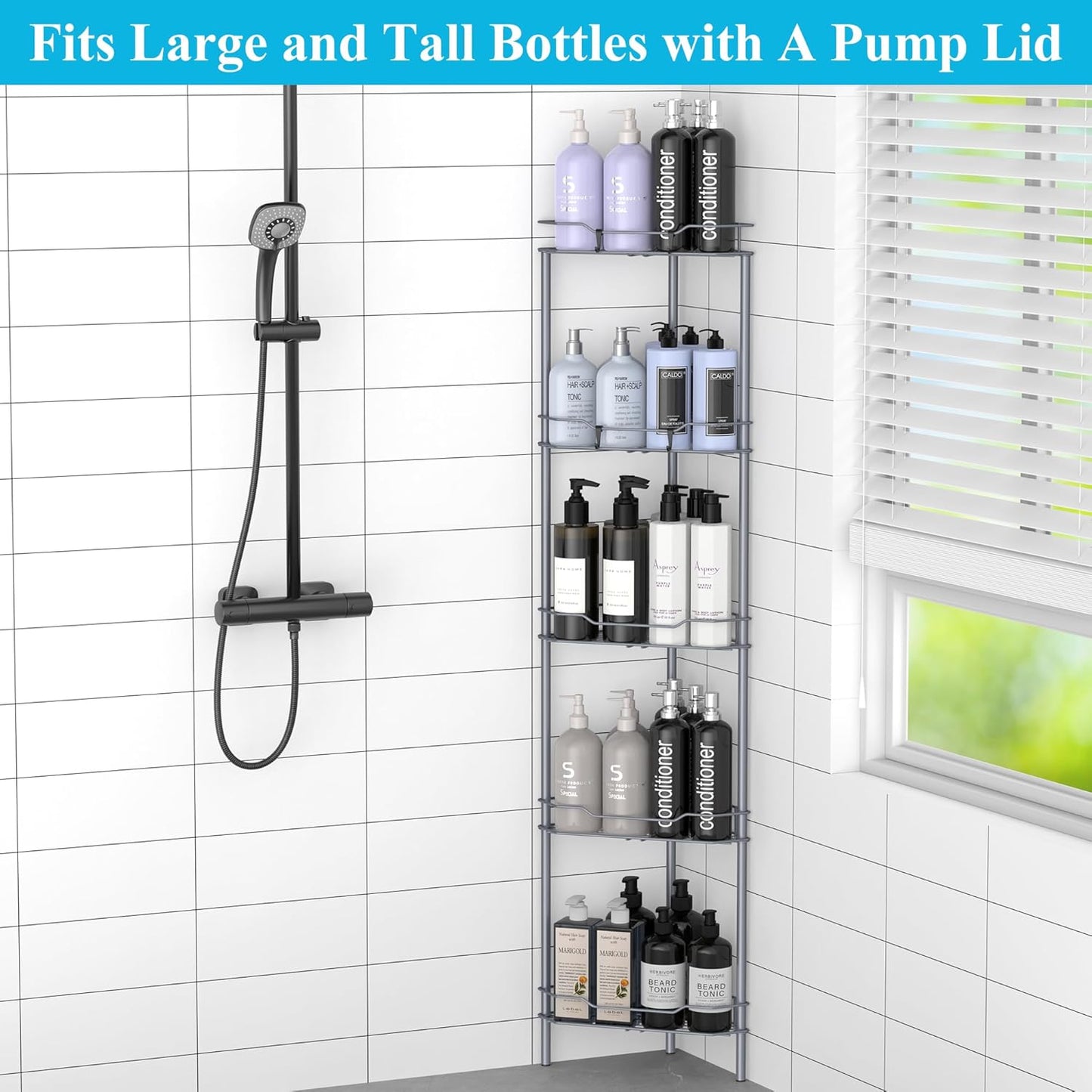 5 Tier Floor Standing Corner Shower Caddy Organizer Shelf with Hooks, Bathroom Shelves Stand Rack, Dark Gray