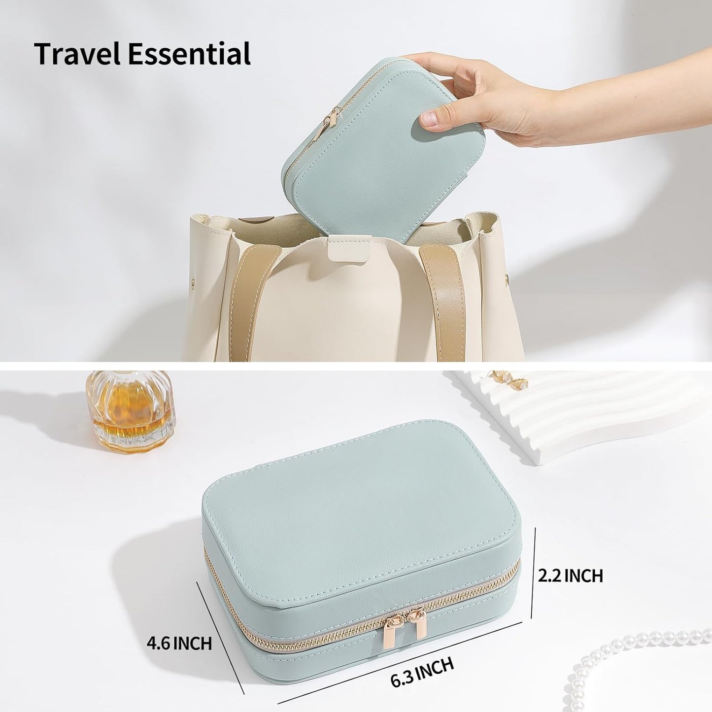 Genuine Leather Travel Jewelry Organizer Case with Mirror for Women, Small Mini Portable Jewelry Box for Ring Earrings Necklace Bracelet Luxury Gift for Women（Cyan）