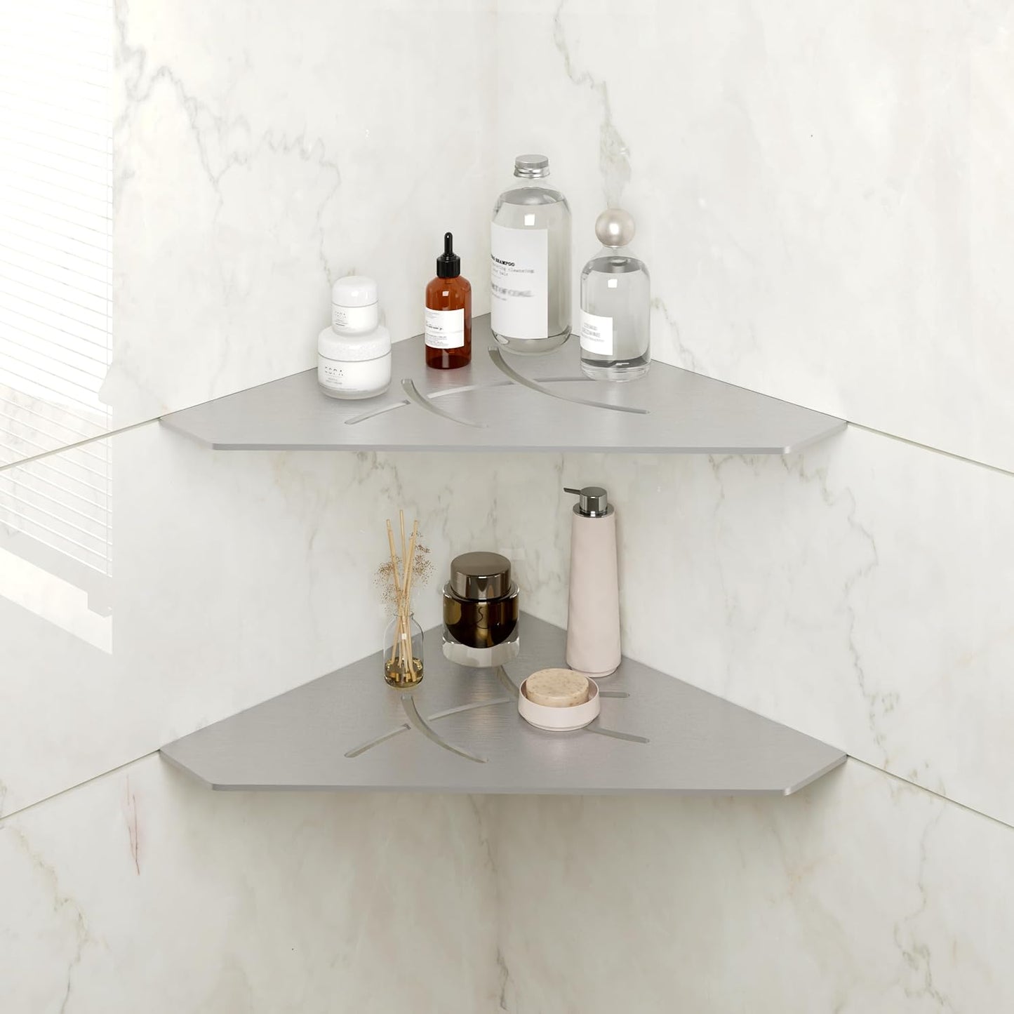 FerdY 2-Pack 10" Brushed Nickel Recessed Corner Shower Shelf, for Tiled Bathroom Walls, Floating Shower Shelf, 304 Stainless Steel Shower Caddy Storage Shelves, No Drilling Required, Irregular Diamond