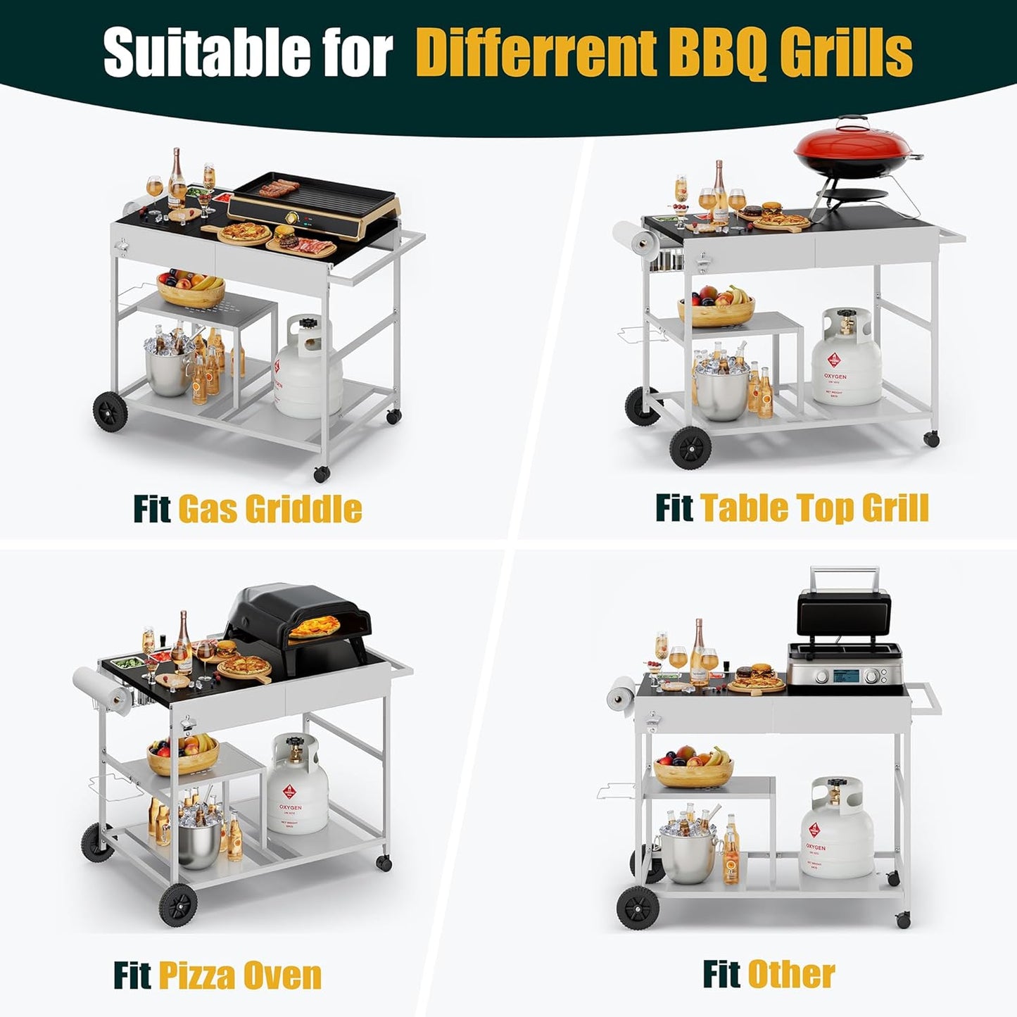 Shintenchi Pizza Oven Cart Table with Topping Station and Wheels, Outdoor Tabletop Grill Table Stand, Movable Food Prep Workcart Fits for Ninja and Blackstone Woodfire Grill