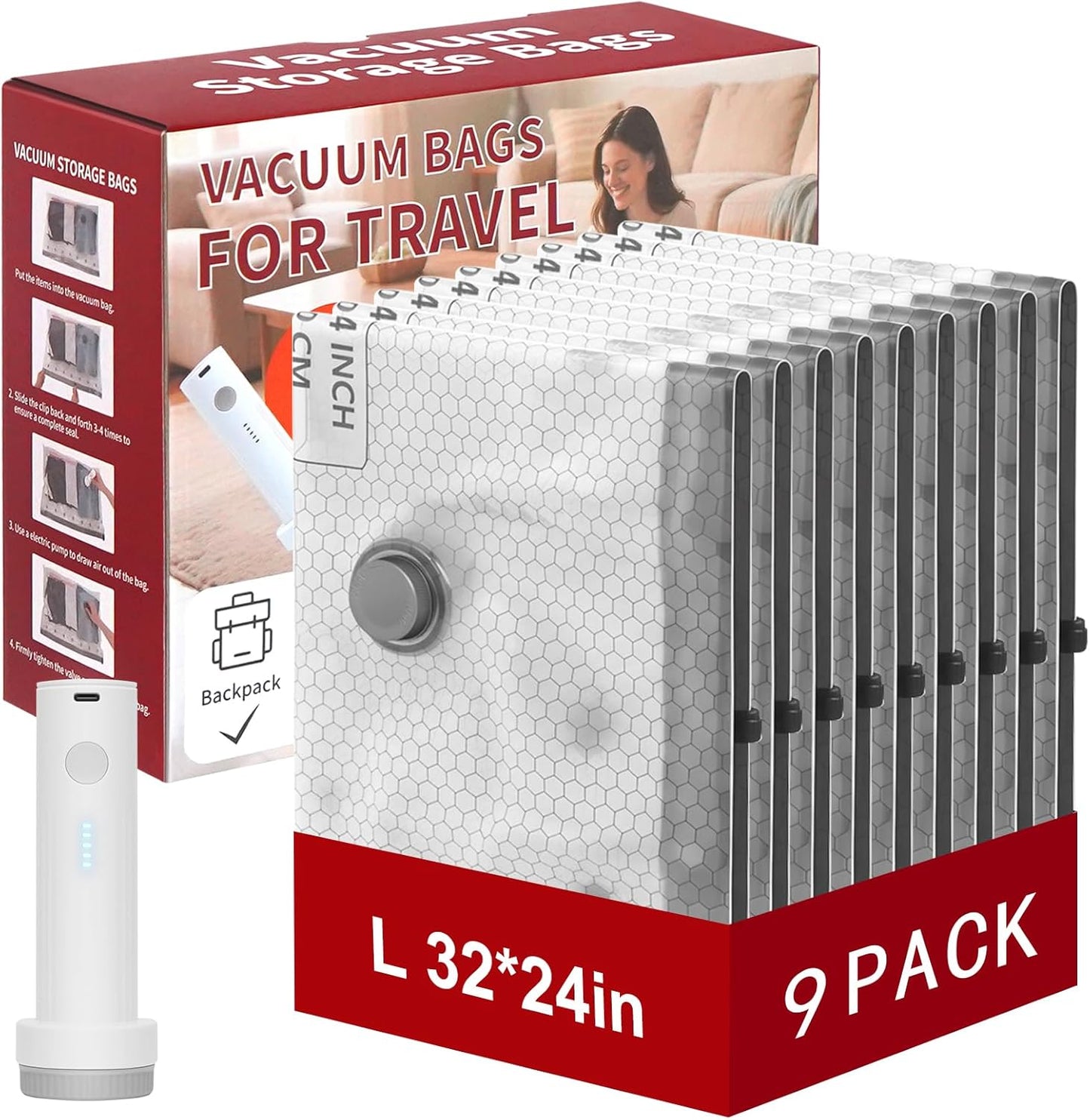 Rechargeable Wireless Pump Travel Storage Bags Set for Travel & Home, 9 Pack (9L) Portable Space Saver Bags for Clothing Suitcase Backpack, Vacuum Compression Packing Seal for Clothes, Home Storage