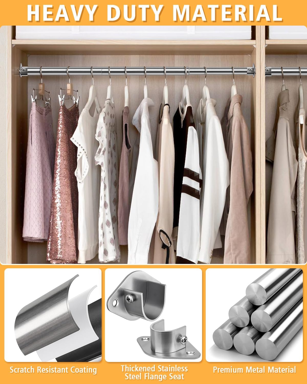 Closet Rod, 17 to 39 Inch Heavy Duty Adjustable Metal Clothing Rack for Hanging Clothes, Closet Poles for Wardrobes, Laundry, Durable Steel, Silver