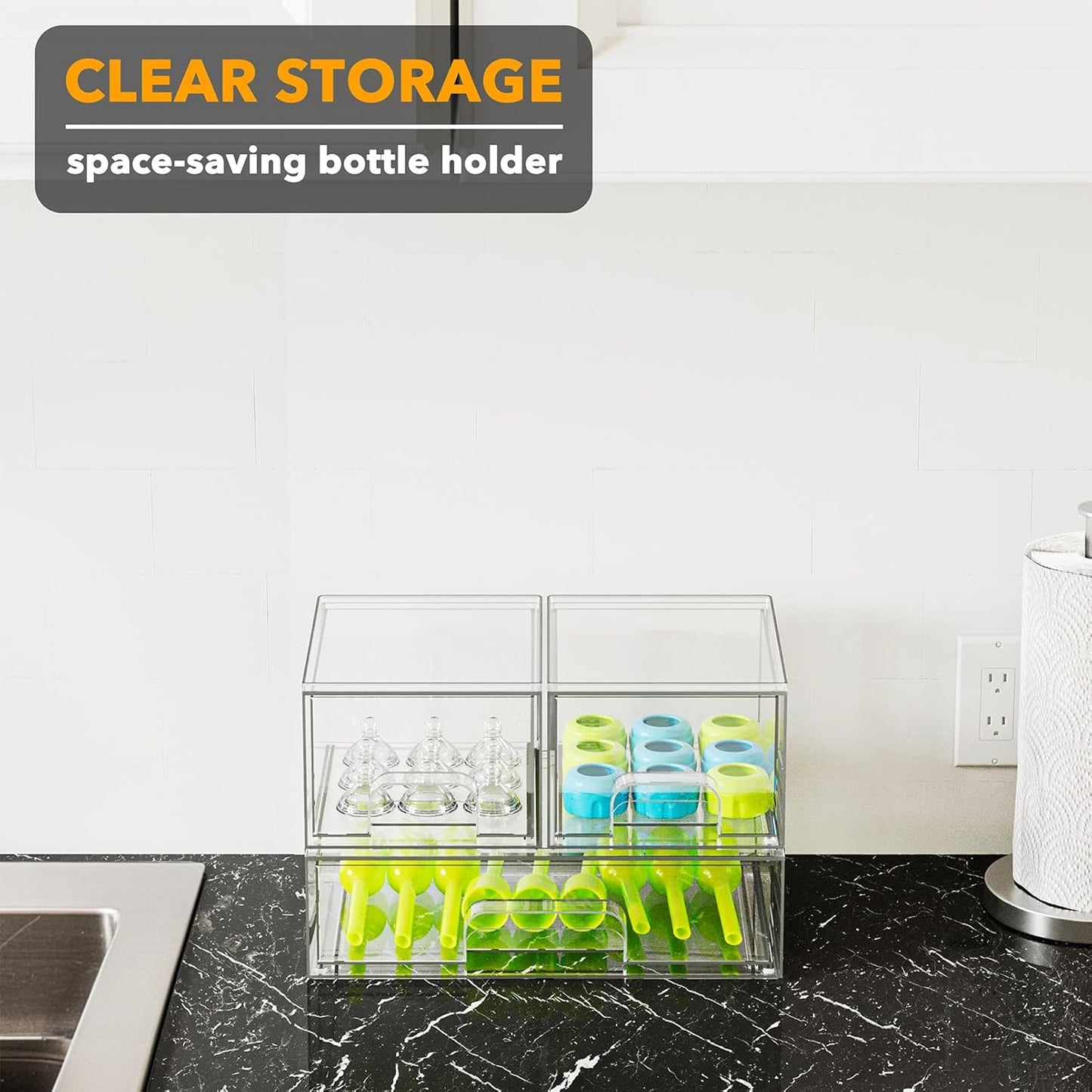 SpaceAid Bottle Storage Organizer Baby - Acrylic Bottles Station Organizer Container, Stackable Clear Drawers for Countertop, Vanity, Bathroom, Cabinet, Pantry Organization, 3 Pack, 2S1L, 7.8"H