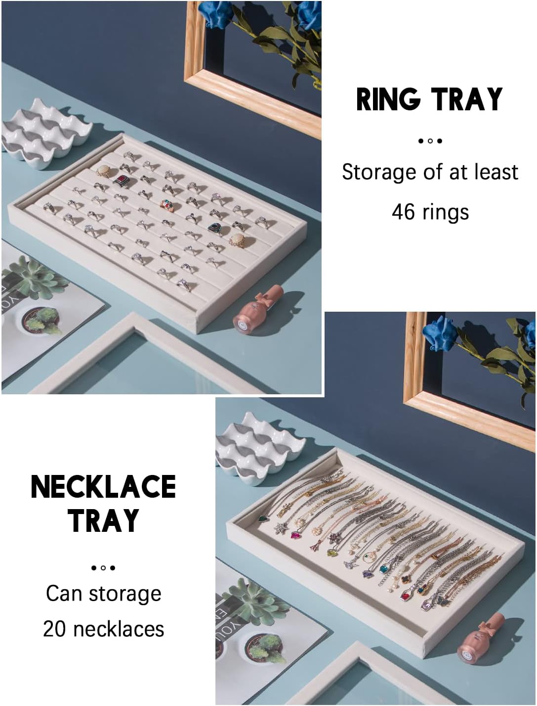 Coward Set of 5 Stackable Jewelry Organizer Tray Necklace Earring Box Storage Ring Bracelet Display Holder (beige(ring+necklace+12girds+24girds+The glass lid))
