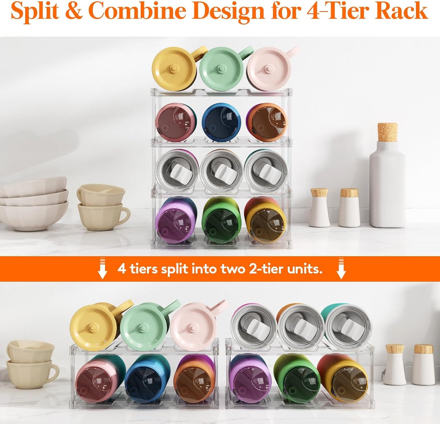 Lifewit Stackable Water Bottle Storage Organizer, Clear Freestanding Wine Bottle Holder for Cabinet, Tumbler Cup Organizer, Plastic Large Compartment Wine Rack for Fridge Cellar, 3Tier Hold 12