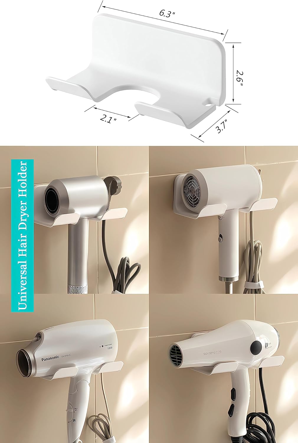 Universal Hair Dryer Holder, Blow Dryer Hanger Wall Mount for Hair Dryer Hook with Plug&Cord Organizer Self Adhesive for Cabinet Bathroom(1 Pack White)
