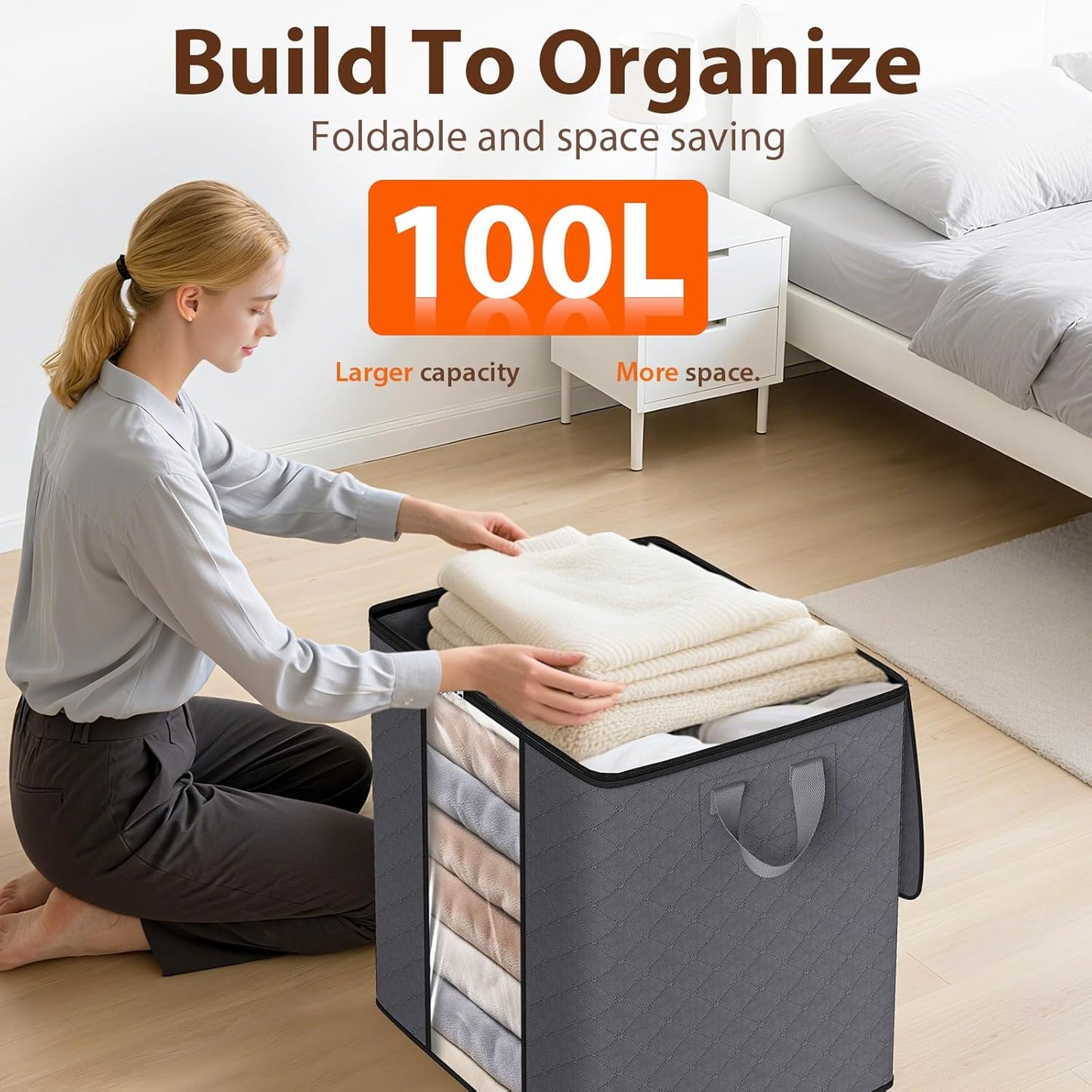 SpaceWhisper 4 Pack 100L Clothes Storage, Foldable Thick Fabric Blanket Storage Bags, Containers for Organizing Bedroom, Closet, Clothing, Comforter,Closet Organization with Handle,Grey