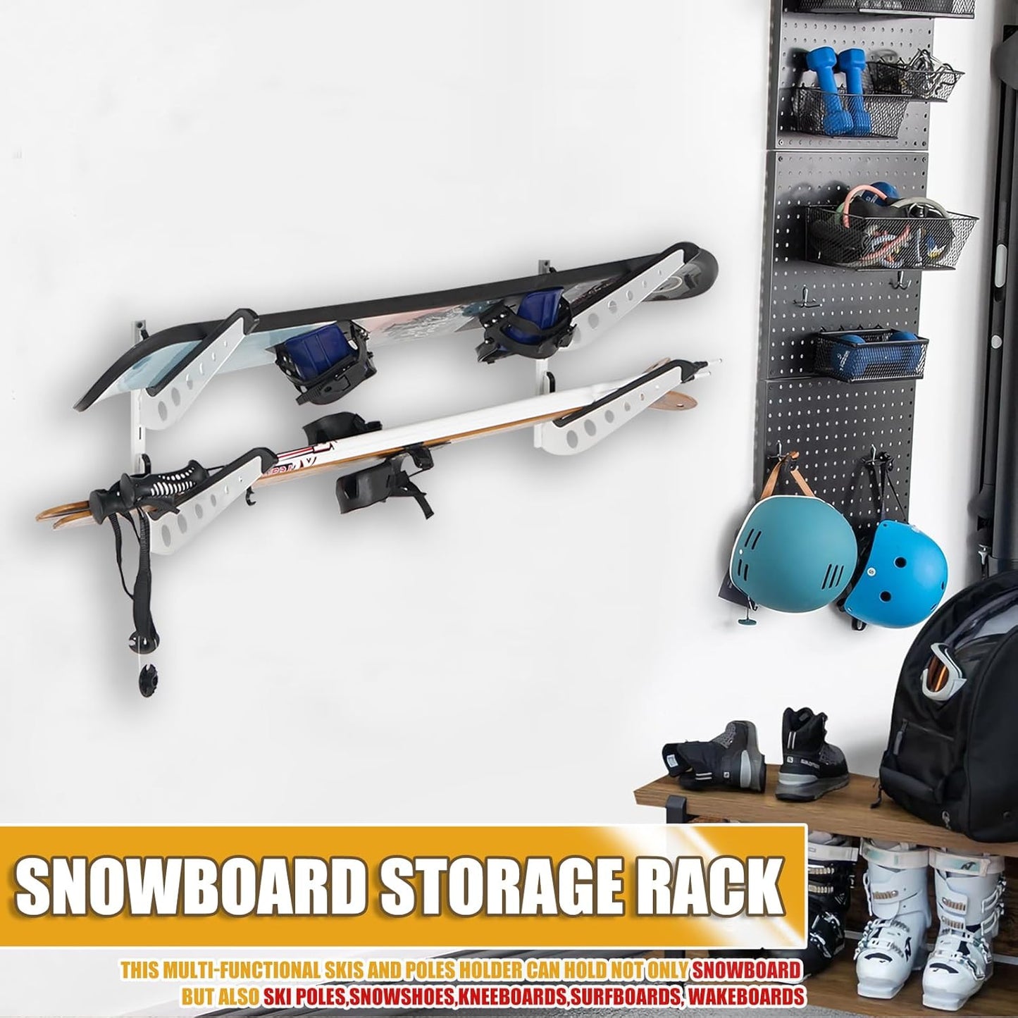 Snowboard Wall Racks, Adjustable Storage Rack for Ski, Surfboard, Wakeboard, Snowboard Wall Mount Display, White/Black