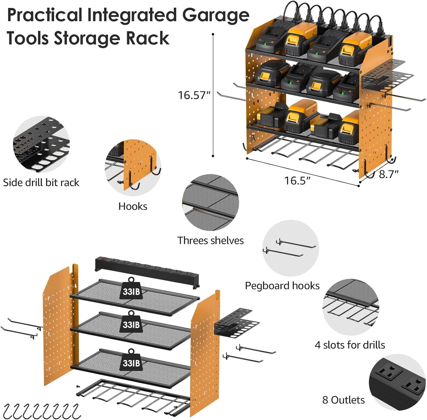 CCCEI Modular Pegboard Rack Power Tool Organizer with Charging Station. 4 Layer Wall Mount Drill Holder, Yellow Tool Battery Charger Organizer. Garage Shop Storage Utility Shelf with Power Strip.