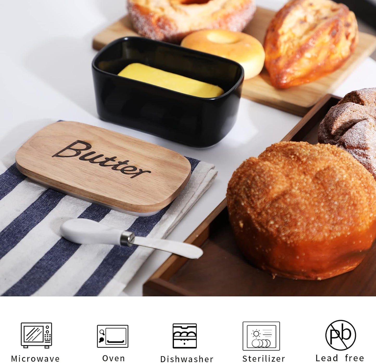 GDCZ Ceramics Butter Dish with Wooden Lid- Large Covered Butter Holder for Countertop, Butter Keeper Container Perfect for Holds 2X 4oz West/East Coast Butter, Black