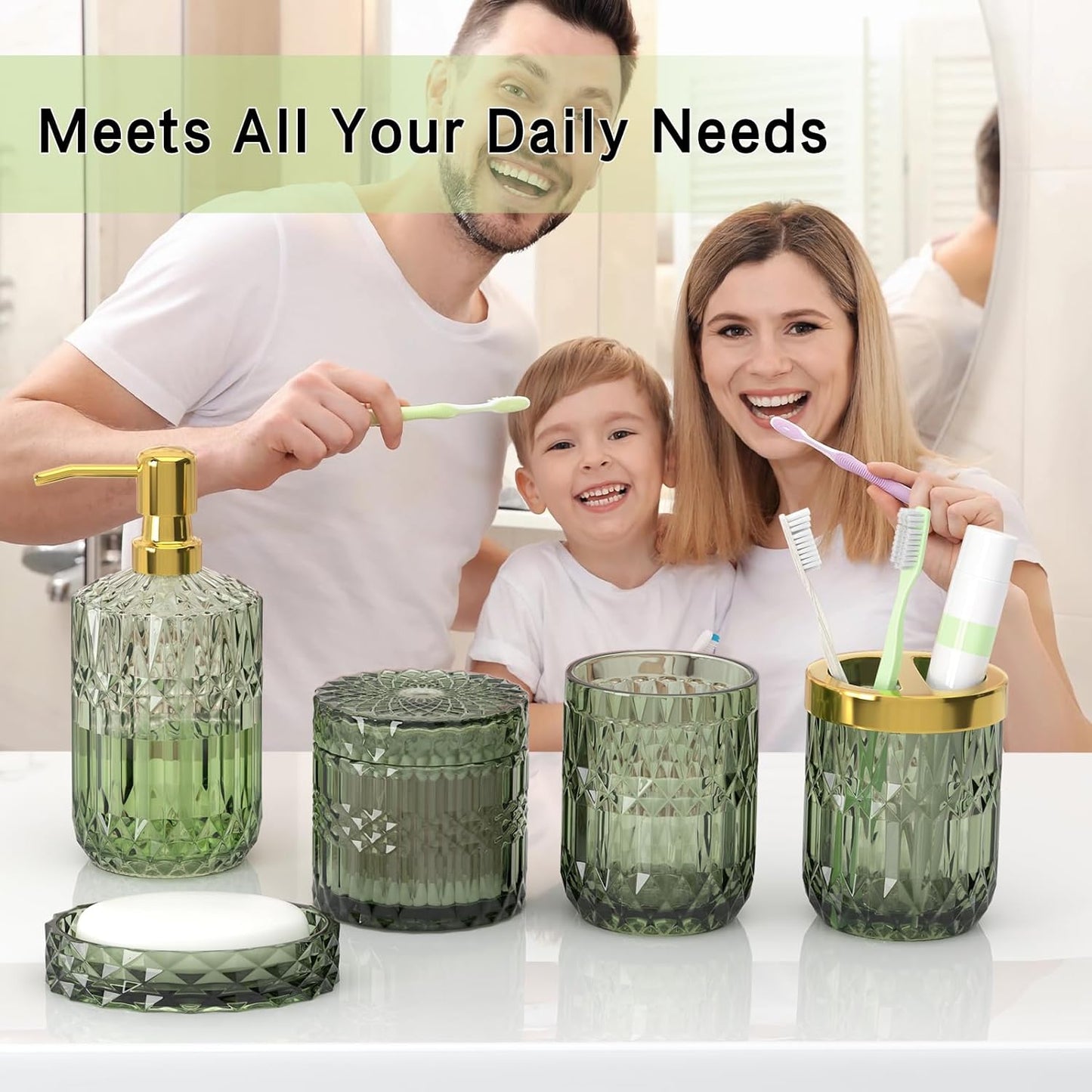Green Glass Bathroom Accessories Set 5 Pcs, Green Bathroom Set, Soap Dispenser and Toothbrush Holder Set, Qtip Holder Set, Vintage Bathroom Sink Set, Cute Bathroom Decor