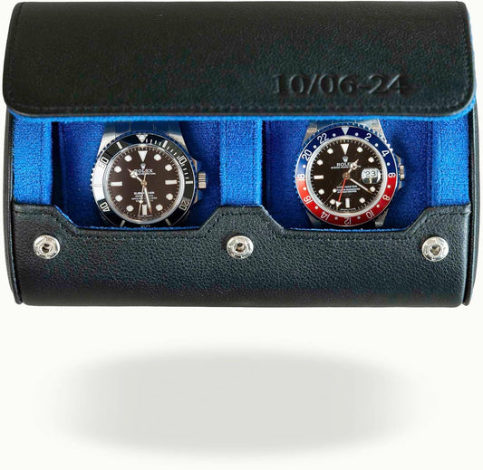 DailyWatch | Personalized Watch Roll Travel Case For 2 Watches - Handmade Genuine Leather Travel Case With Custom Engraving of Name or Initials - Black Blue