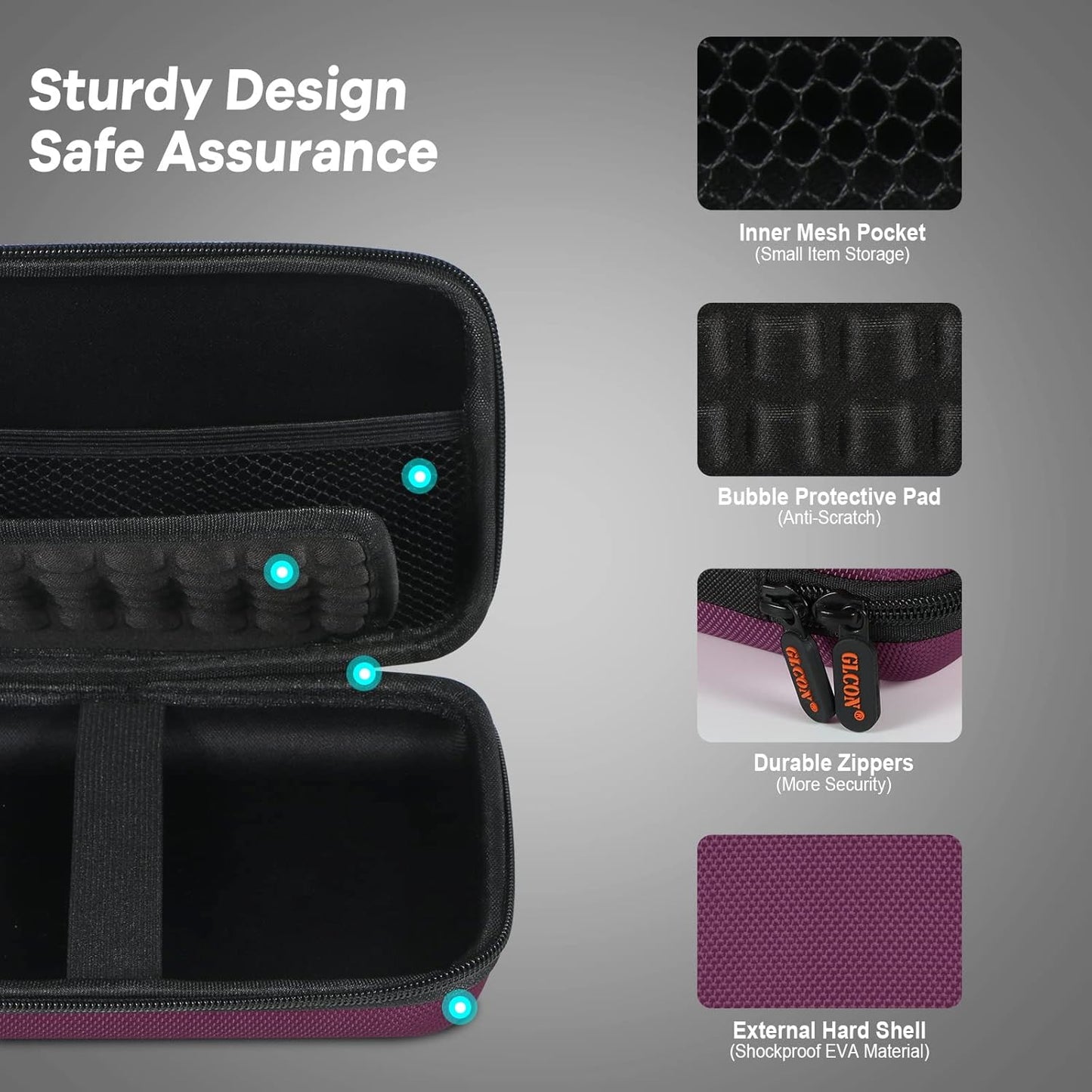Deep Purple Carrying Case - GLCON Hard Storage Case Electronics Organizer Tech Pouch for Hard Drive, Power Bank, Cell Phone, Charger Enclosure - Portable Travel Pouch Bag with Carabiner
