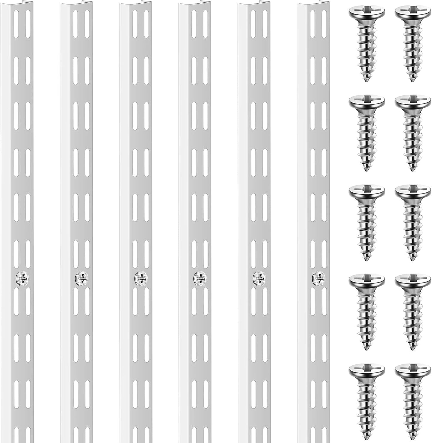 6 Pcs Dual Track Upright Wall Shelving System Heavy Duty Support System Twin Slot Shelf Rail Shelf Standards for Pantries Linen Closets Laundry Rooms(White,25 Inch)
