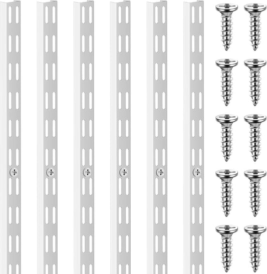 6 Pcs Dual Track Upright Wall Shelving System Heavy Duty Support System Twin Slot Shelf Rail Shelf Standards for Pantries Linen Closets Laundry Rooms(White,25 Inch)