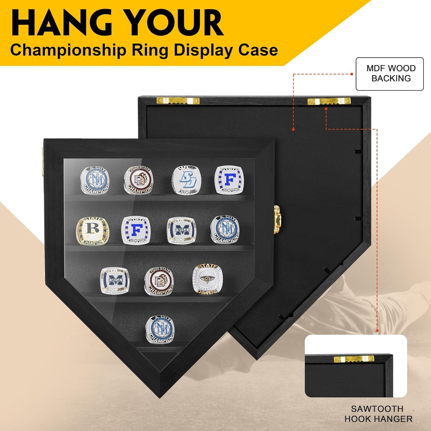 Championship Ring Display Case, 12 Ring Posts Sports Ring Display Case Wooden Shadow Box for Baseball Basketball Football Softball Award Rings Fan Souvenirs
