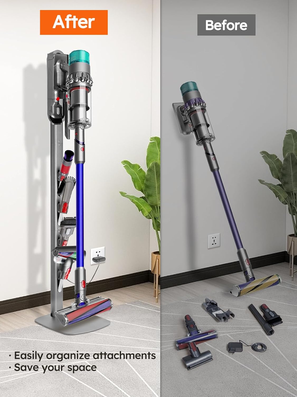 Vacuum Stand Compatible with Dyson Gen5 V15 V12 V11 V10 V8 V7 V6, Heavy Base Metal Vacuums Attachment Holder with 4 Hooks, Hidden Cord Management & Storage Bracket for Dyson Cordless Vacuums