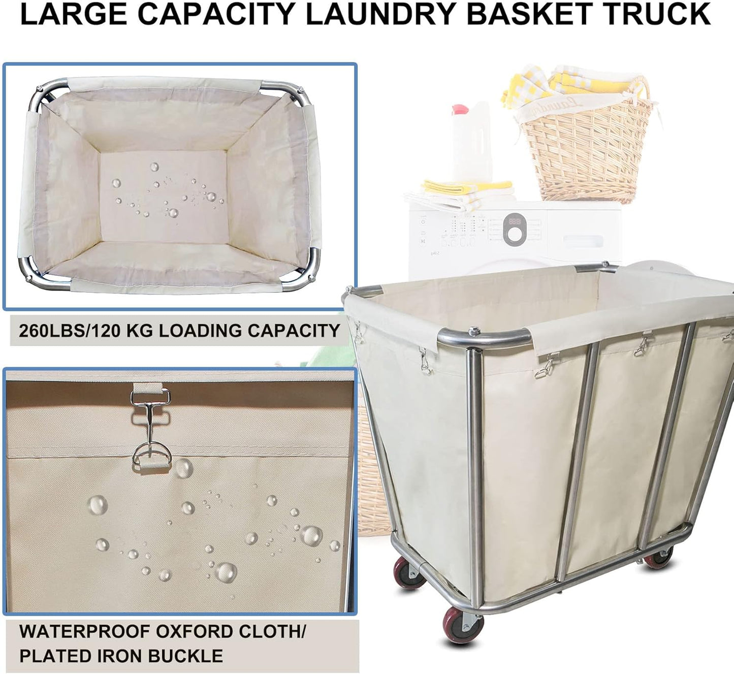 10 Bushel Laundry Cart with Wheels,Heavy Duty Industrial Rolling Commercial Home Beige Large Rolling Storage Laundry Basket, Stainless Steel Laundry Hamper Service Cart,260LBS Load
