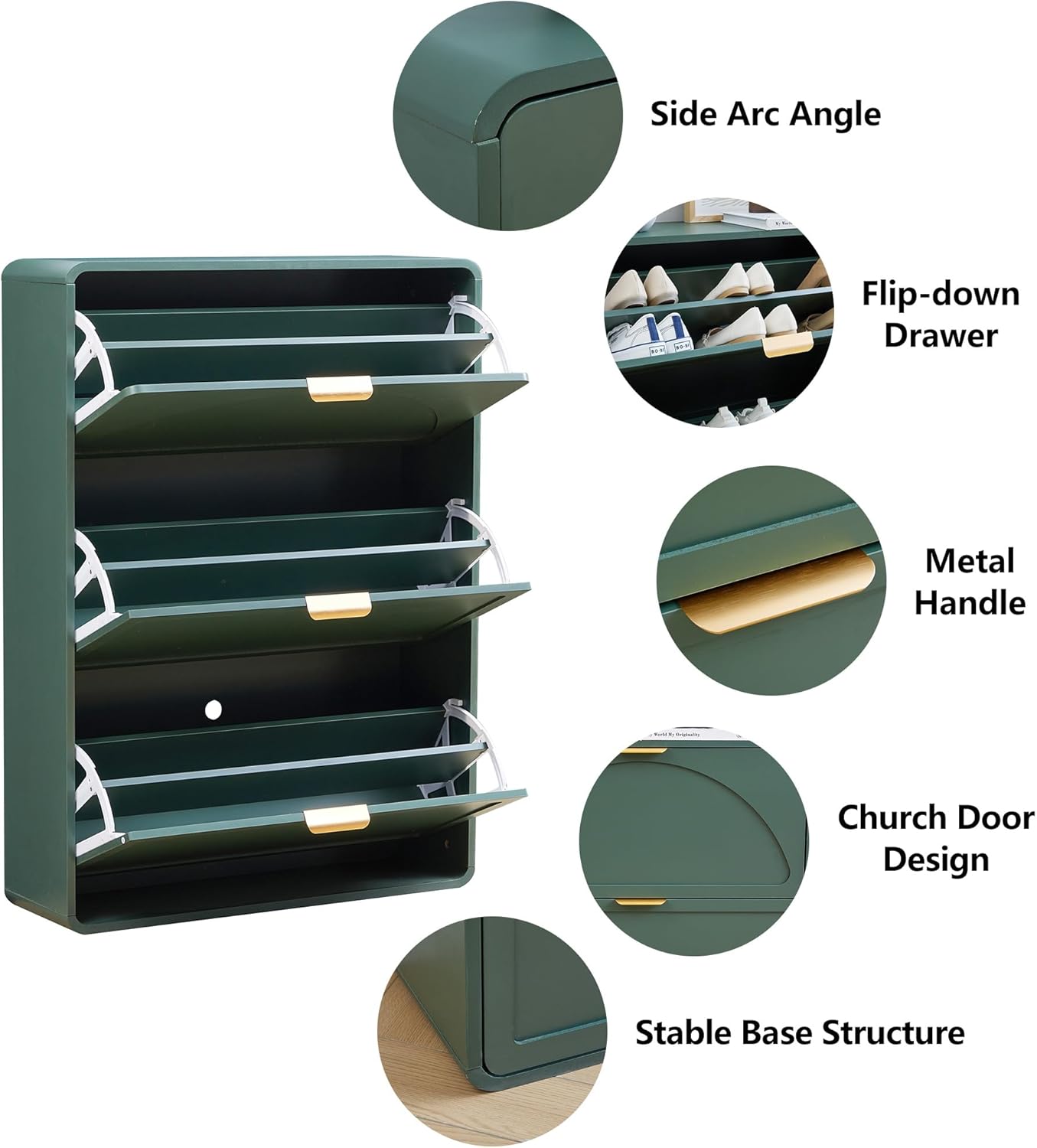Hidden Shoe Cabinet with Drawer, Free Standing Narrow Shoe Rack Cabinet for Entryway Slim, 3 Flip Drawer Shoe Storage Organizer Cabinet for Entry,Hallway,Door,Dorm,Small Spaces - Green