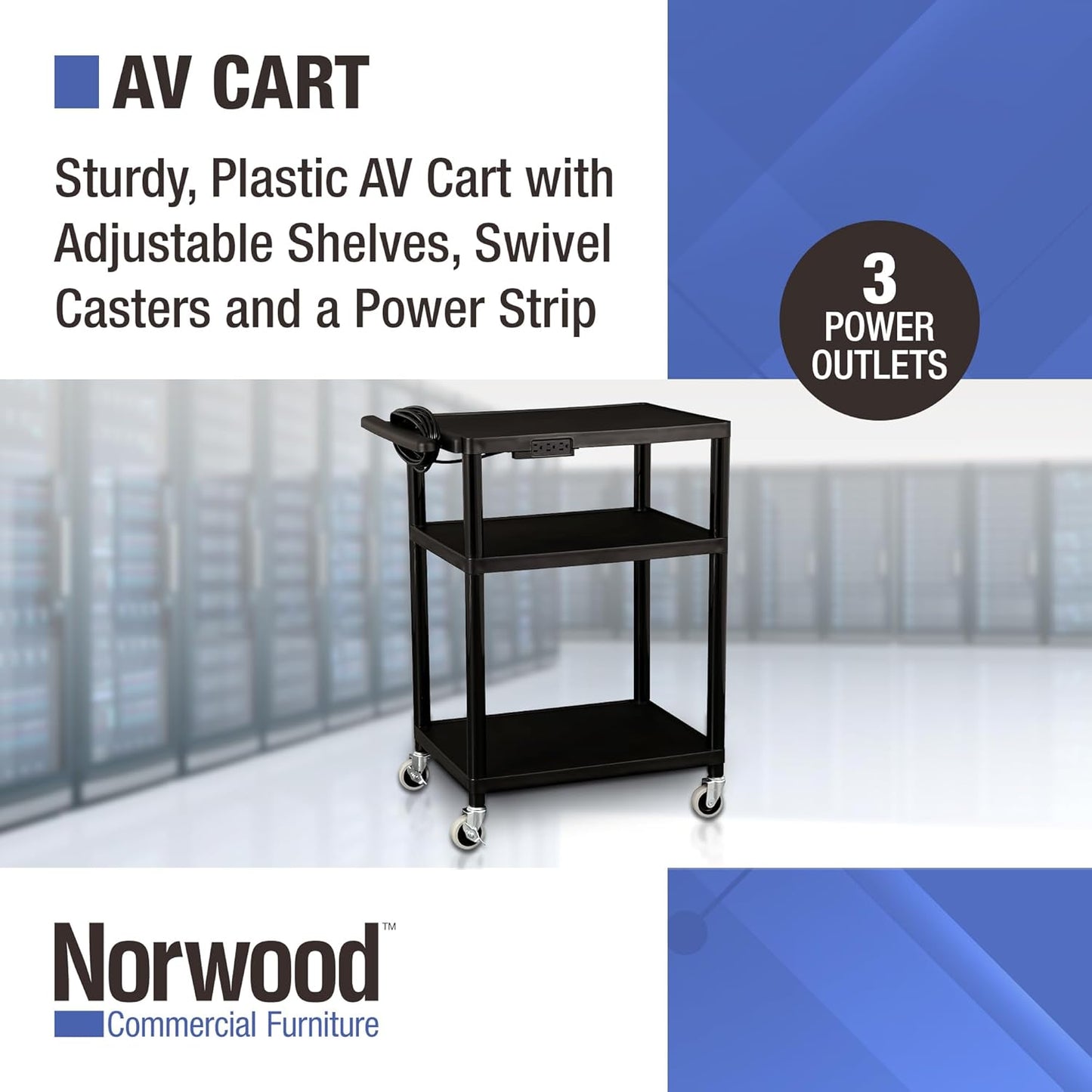 Norwood Commercial Furniture Mobile Utility AV Cart with Power Strip and Casters, Rolling Presentation and Media Cart on Wheels, Black