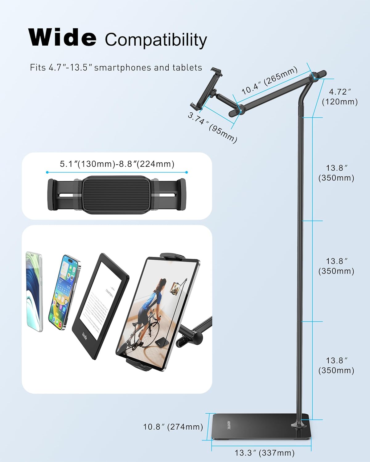 AboveTEK Tablet Floor Stand,Stylish Adjustable Height iPad Floor Stand with Stable Base,Aluminum 360° Rotation Holder for Sofa Bed,Fits 4.7-13.5"iPad Pro 12.9/Air/Mini,Galaxy Tab,iPhone,Kindle(Black)