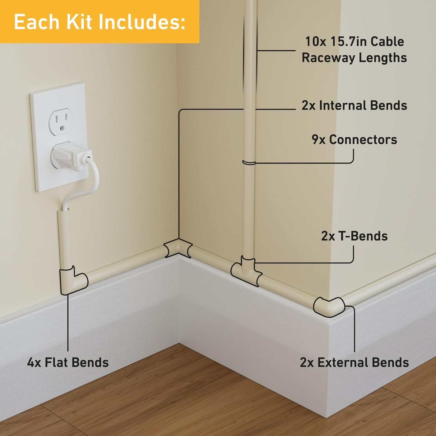 D-Line 157in Cord Hider Kit, Patented Cable Cover, Hide Wires on Wall, Channel for TV Mount Cords, Raceway Wire Hiders, Paintable, Adhesive, Half Round, 10x 0.78in W x 0.39in H x 15.7in L, Beige