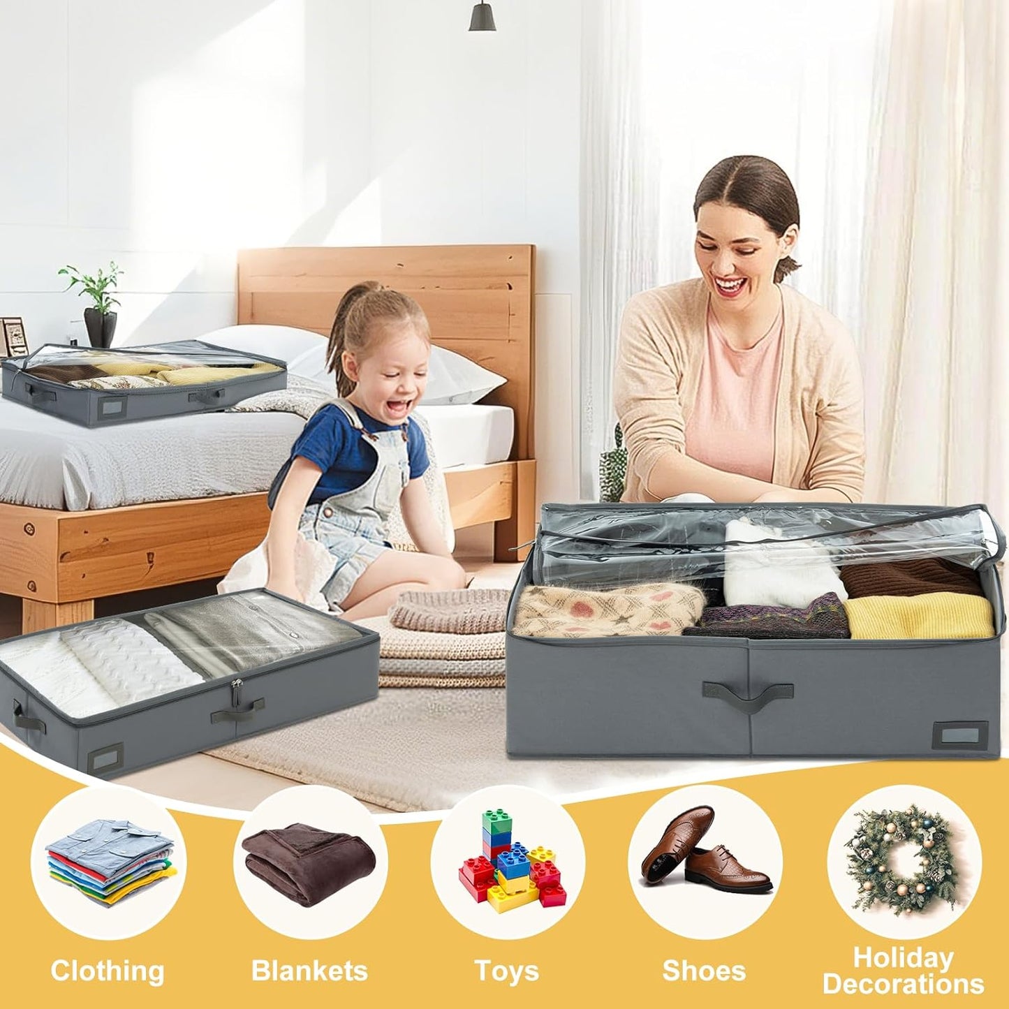 6-Inch Under Bed Storage Containers (2-Pack) | Sturdy Sidewalls | Clear Cover & Label Holder | Foldable Fabric Closet Bin Organizer | Stores Clothing/Blankets/Sweaters/Sheets