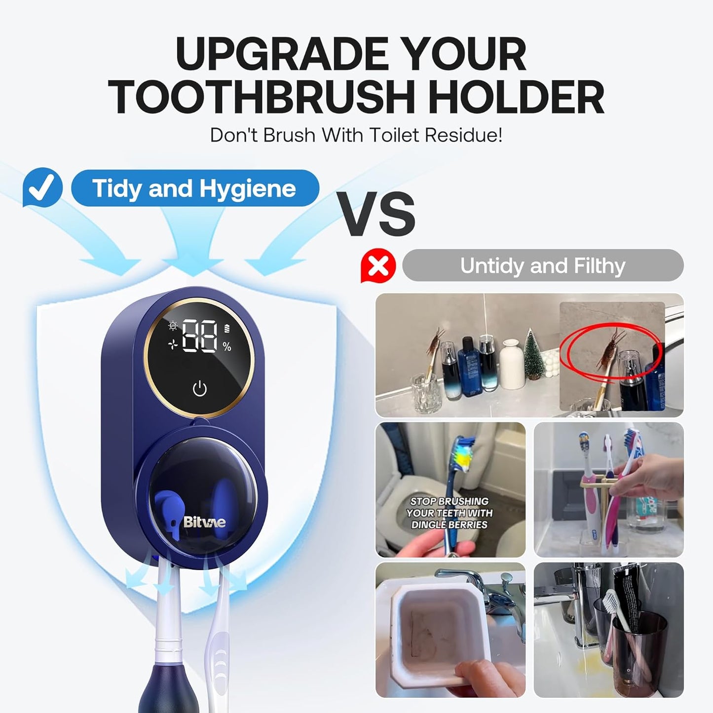 Bitvae Upgraded Tooth Brush Holder for Bathroom 2.0, Infrared Sensing Toothbrush Cleaner, Wall-Mounted for Most Size Toothbrushes, Air Drying, LED Smart Screen, Navy Blue