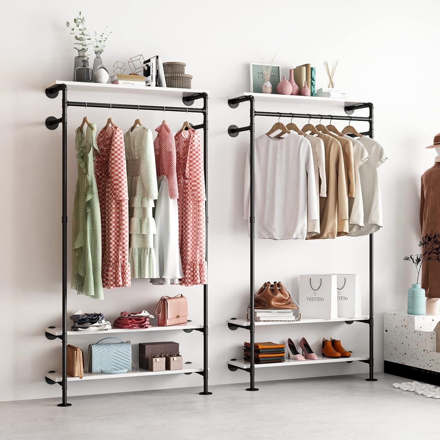 Industrial Pipe Clothing Racks with Shelves, Wall Mounted Clothes Rack for Hanging Rods, Heavy Duty Black Clothing Racks With Three Shelves Retail Display Garment Rack for Home