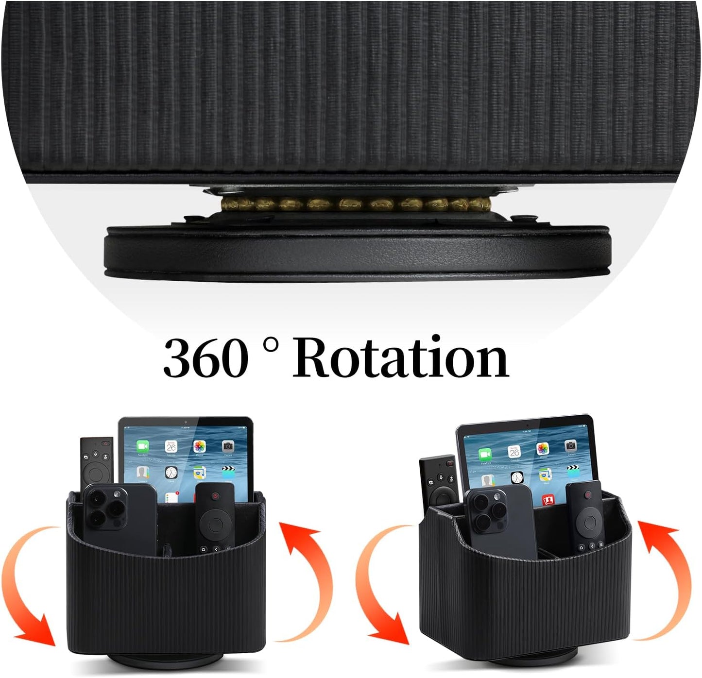PU Leather Remote Control Holder, 360 Degree Rotating Desk Organizer Storage Table Remote Caddy, Spinning Bedside Organizer Nightstand Organizer for Desktop Office Home Black