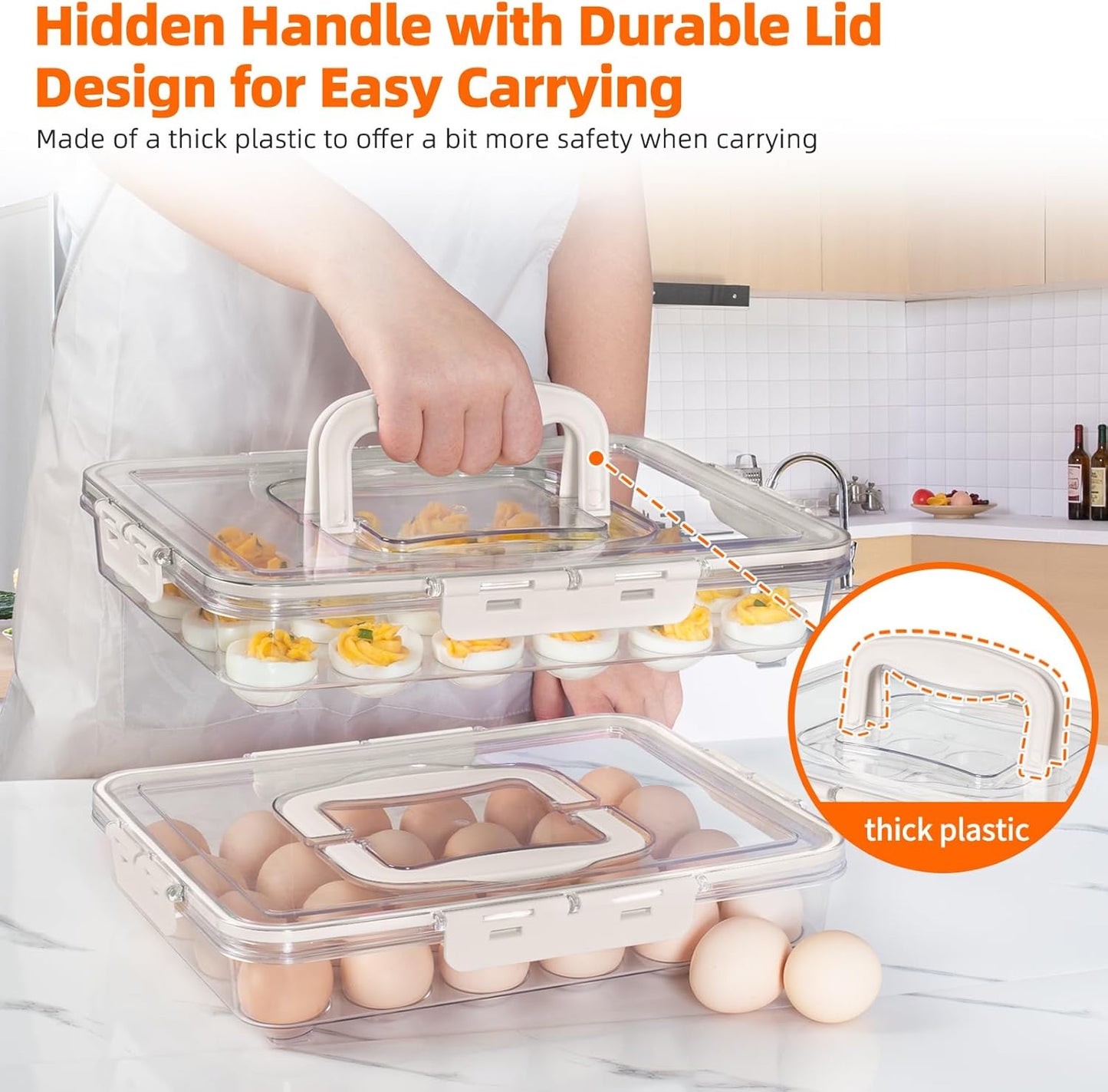 Deviled Egg Containers with Lid and Handle, Durable Clear Plastic Deviled Egg Carrier Storage 24 Eggs, Stackable Egg Holder for Fridge, Portable Tray Platter for Party & Picnics-1 Pack White