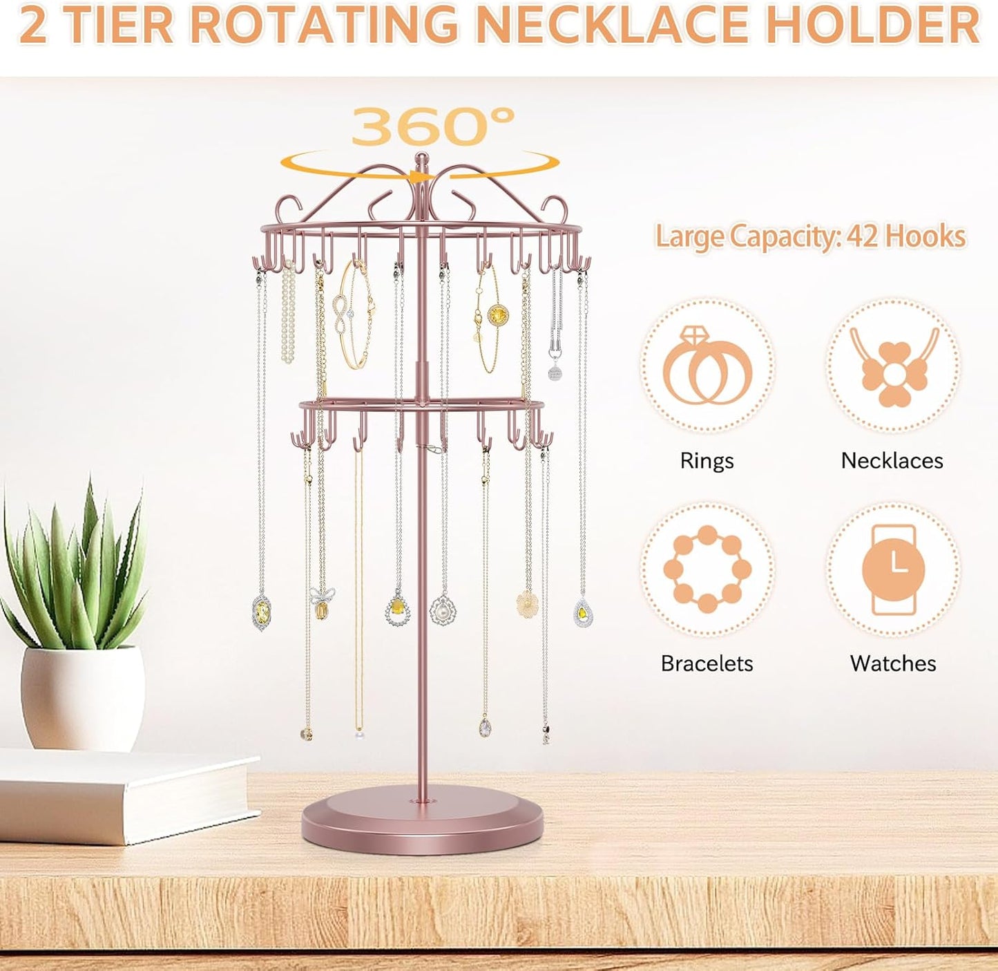 iDavosic.ly 2 Tier Rotating Necklace Holder Organizer with 42 Hooks, Adjustable Metal Bracelet Display Stand Rack, Extra Tall Keychain Spinning Tree Tower for Women, Rose Gold