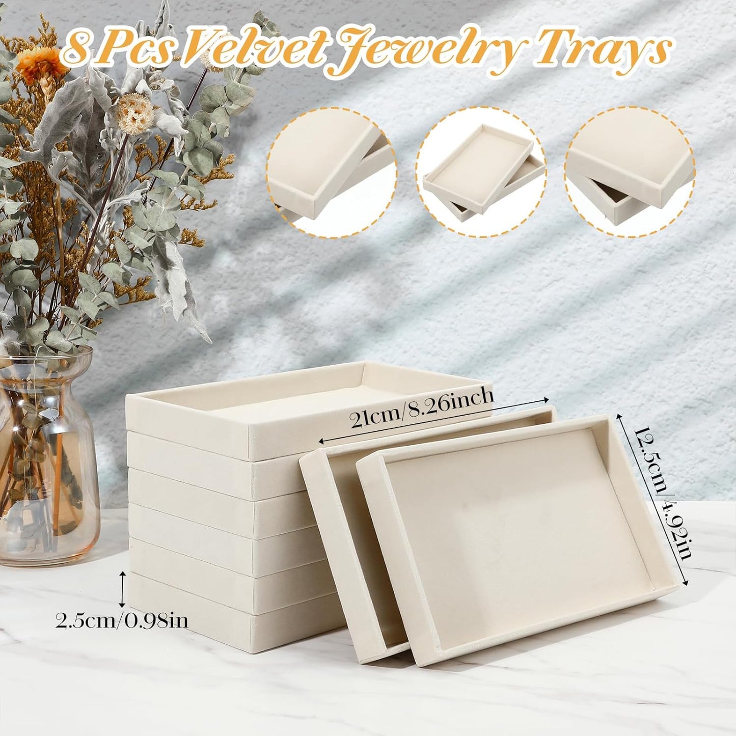 8pcs Small Velvet Jewelry Trays,Beige Stackable Jewelry Trays Drawers Organizer Inserts,Jewellery Storage Tray for Necklaces, Earrings, Rings, Bracelets, 8.3 x 4.9 x 1 Inches