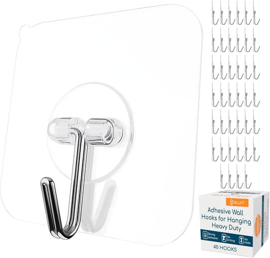 GLUIT Adhesive Wall Hooks for Hanging Heavy Duty 22 lbs Hooks for Walls No Damage, Towel Sticky Clear Hooks, Waterproof, Home, Bathroom, Kitchen, Office, and Outdoor, 40 Pack