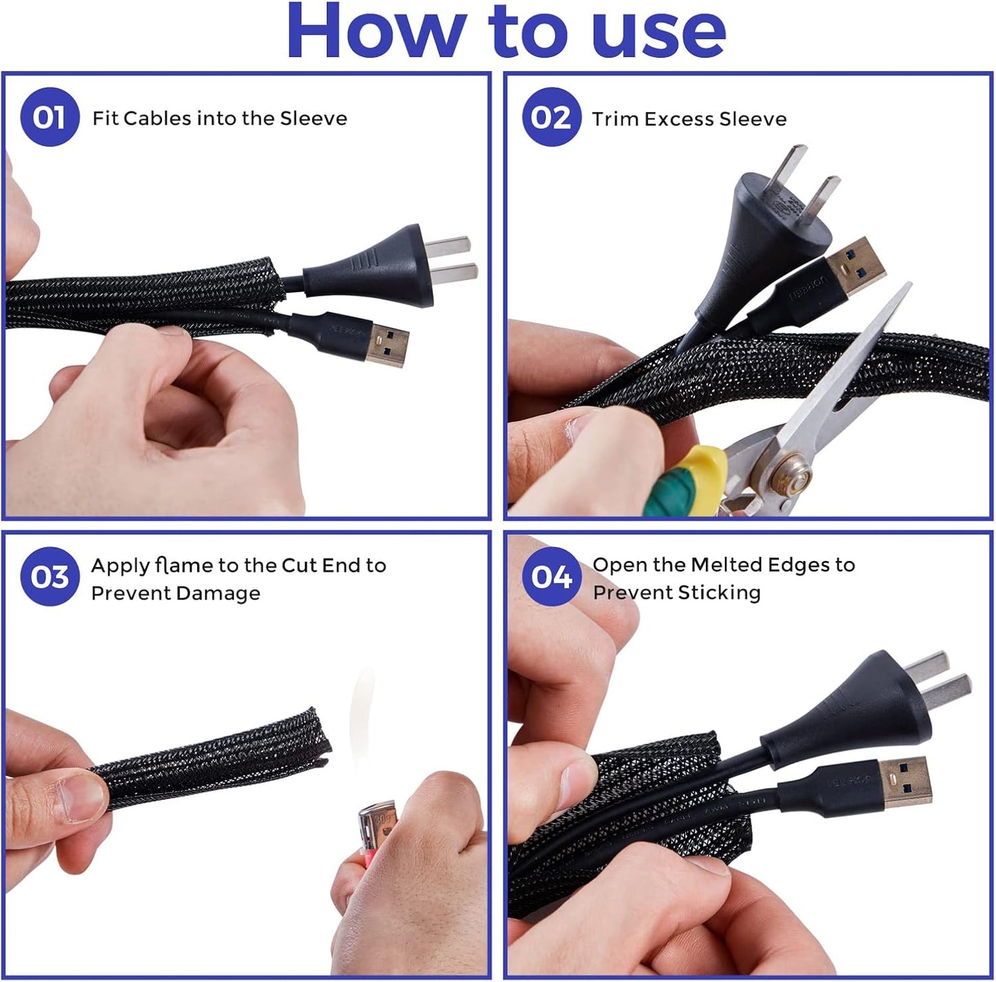 Cable Management Sleeves 1in - 2 Pack 6.6ft Split Braided Cable Sleeve White, Cord Protectors from Pets, Wire Organizers for Cords, Flexible Cord Wrap Wire Sleeve for Computer Cord Organizer