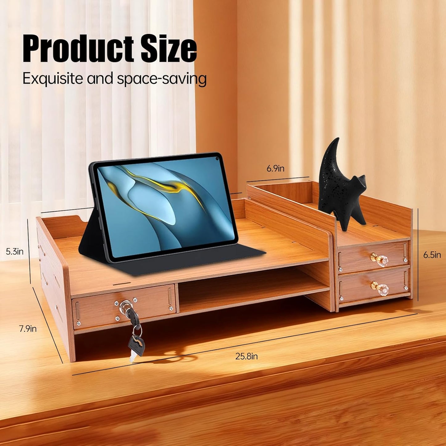 Wood Monitor Stand Riser with 3 Drawers & Lockable Storage – Desktop Organizer for Computer, Laptop, and Office Supplies, Ergonomic Monitor Stand for Desk, Workspace Organizers & Accessories