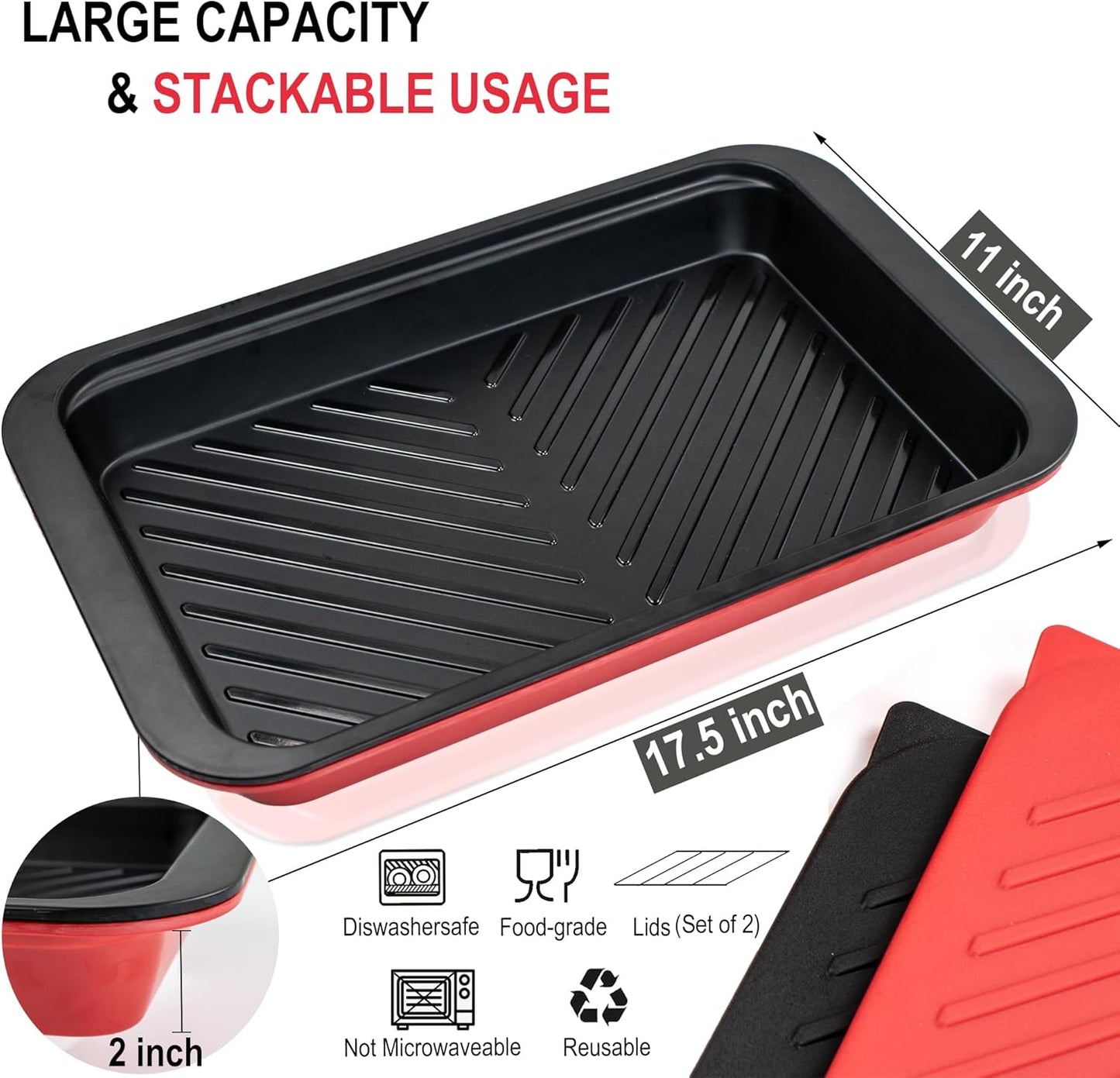 Bamboo Grilling Prep and Serve Trays with lid, BBQ Tray for Marinating Raw and Cooked Food, Diswasher Safe Nesting Trays Black in Red
