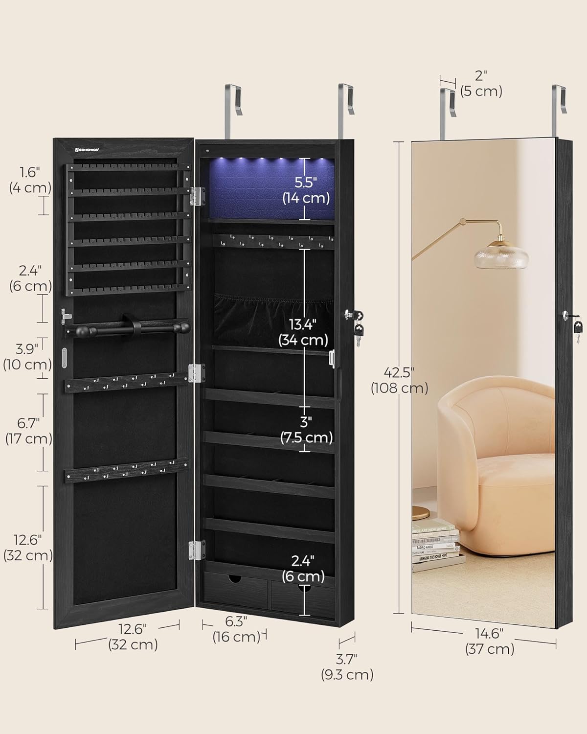 SONGMICS Hanging Jewelry Cabinet, Wall-Mounted Cabinet with LED Interior Lights, Door-Mounted Jewelry Organizer, Full-Length Mirror, Christmas Gift Idea, Ink Black UJJC099B01